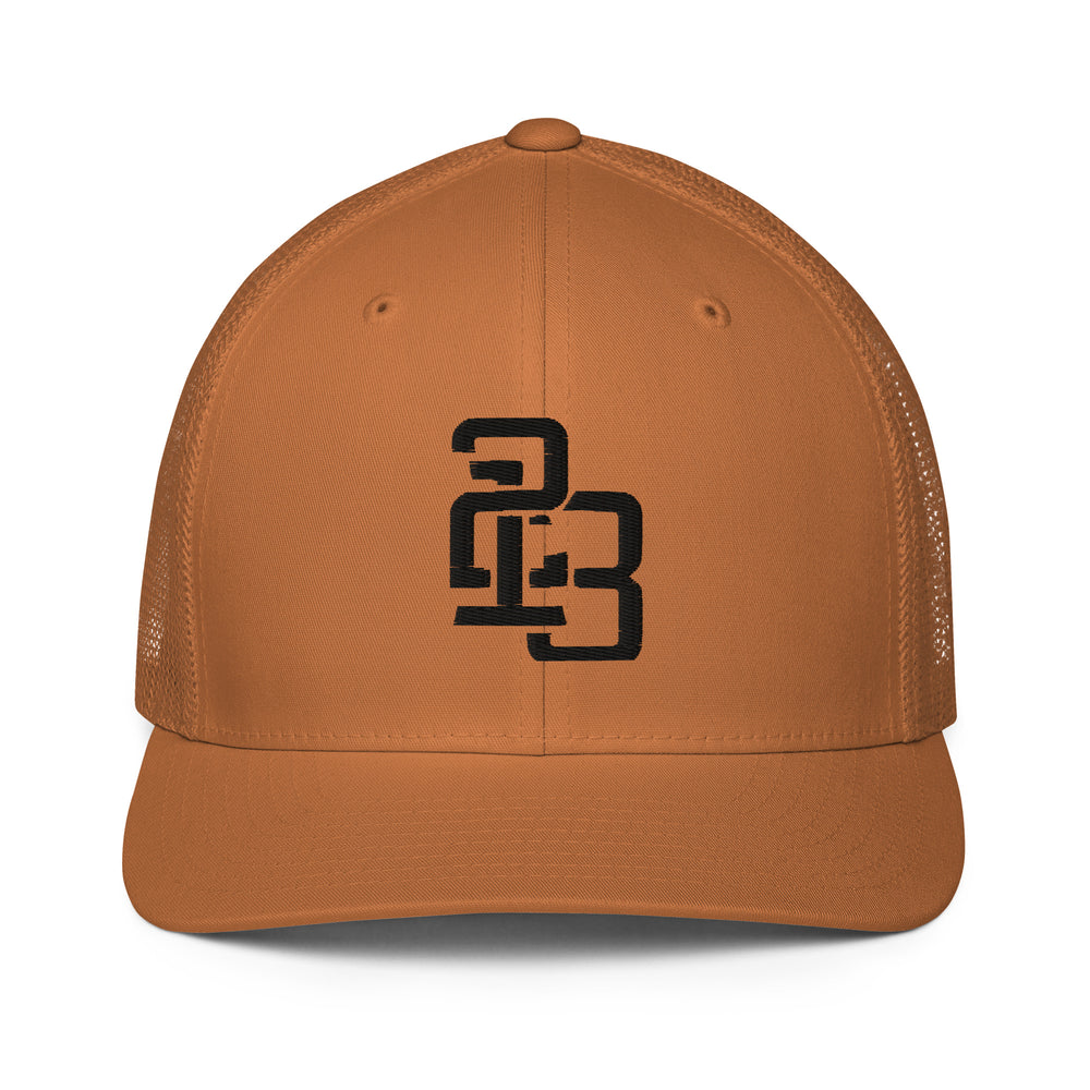 "213" Closed-Back Trucker Cap | Flexfit 6511 | E Luna CLASSIC Solocrest 1 Black Thread Front Logo