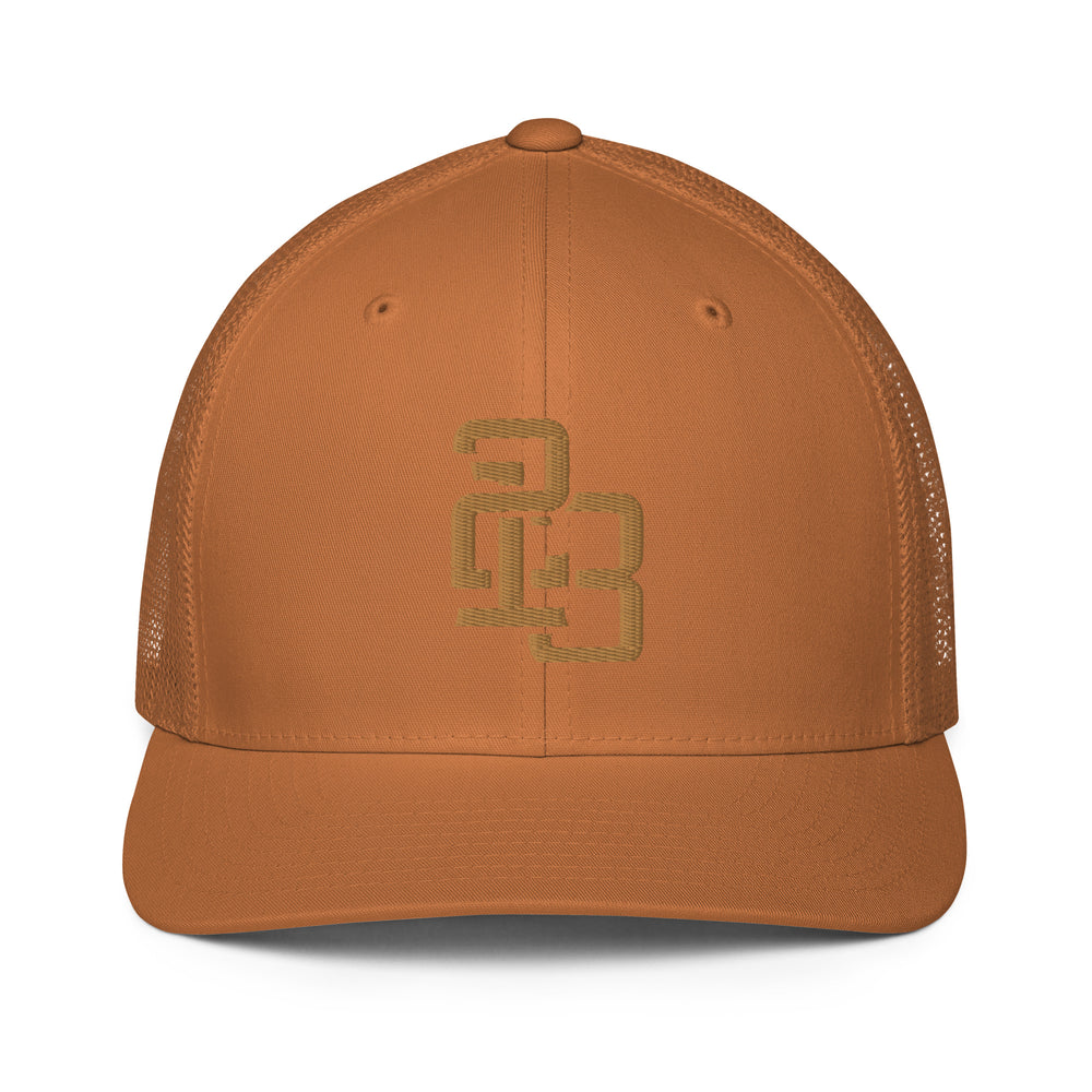 "213" Closed-Back Trucker Cap | Flexfit 6511 | E Luna CLASSIC Solocrest 1 Old Gold Thread Front Logo