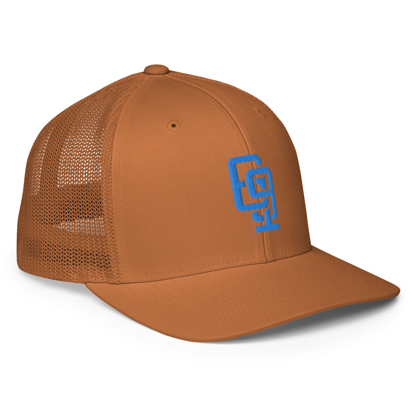 "619" Closed-Back Trucker Cap | Flexfit 6511 | E Luna CLASSIC Solocrest 1 Aqua/Teal Thread Front Logo