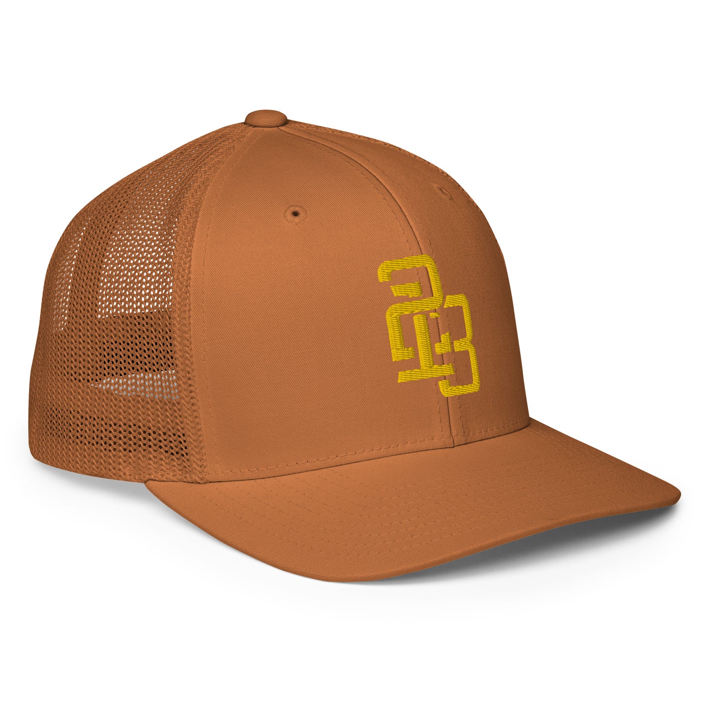"213" Closed-Back Trucker Cap | Flexfit 6511 | E Luna CLASSIC Solocrest 1 Gold Thread Front Logo