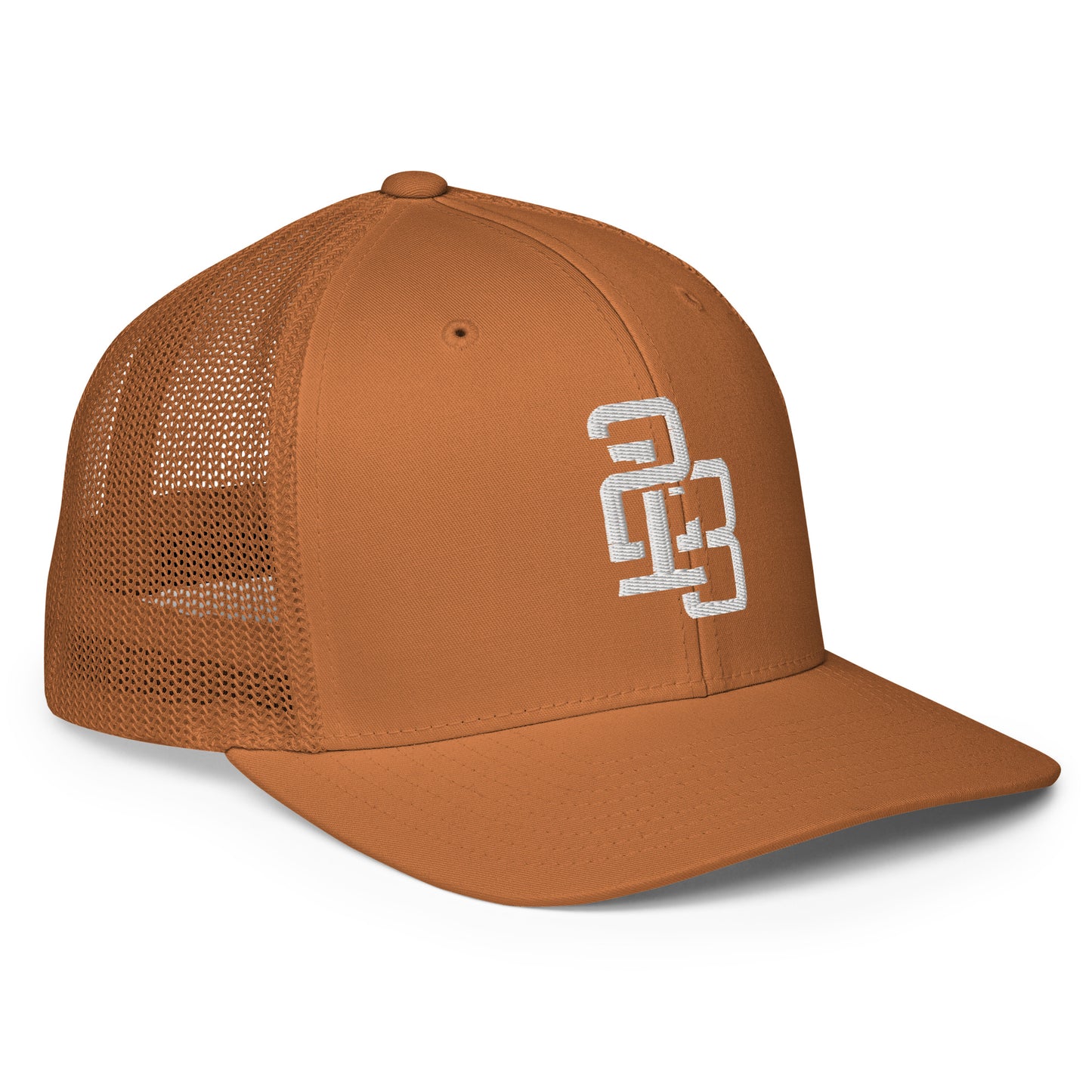 "213" Closed-Back Trucker Cap | Flexfit 6511 | E Luna CLASSIC Solocrest 1 White Thread Front Logo