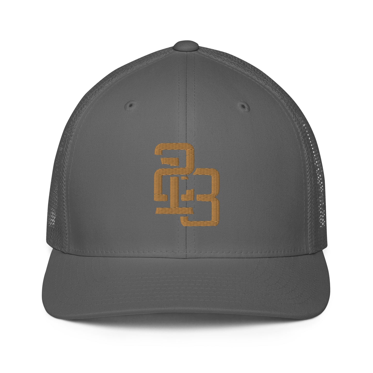 "213" Closed-Back Trucker Cap | Flexfit 6511 | E Luna CLASSIC Solocrest 1 Old Gold Thread Front Logo