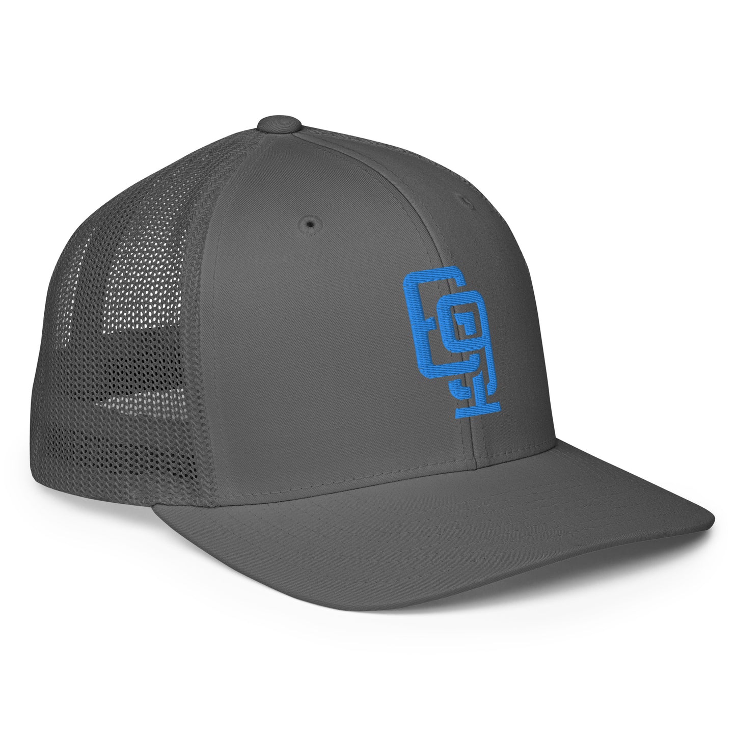 "619" Closed-Back Trucker Cap | Flexfit 6511 | E Luna CLASSIC Solocrest 1 Aqua/Teal Thread Front Logo