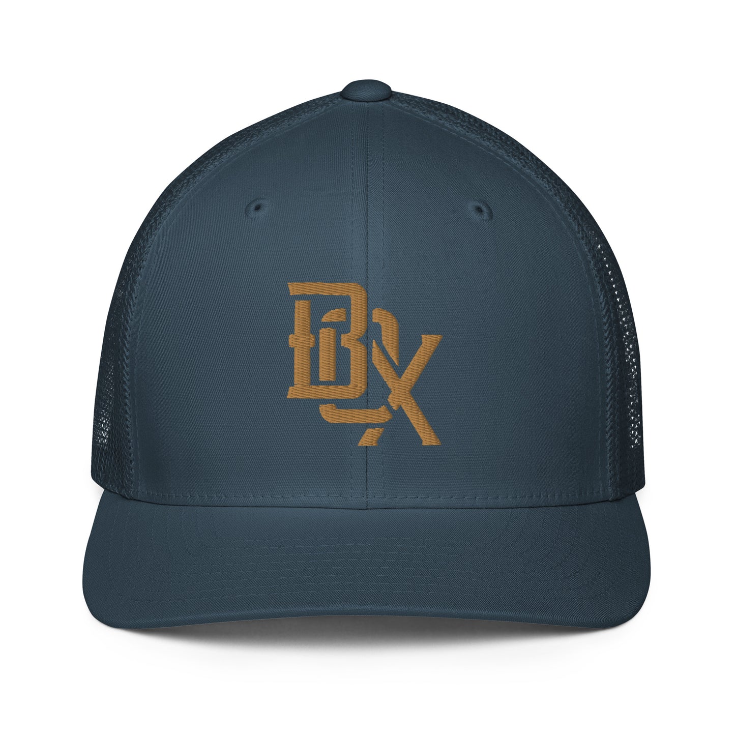 "BOX" Closed-Back Trucker Cap | Flexfit 6511 | E Luna CLASSIC Solocrest 1 Old Gold Thread Front Logo