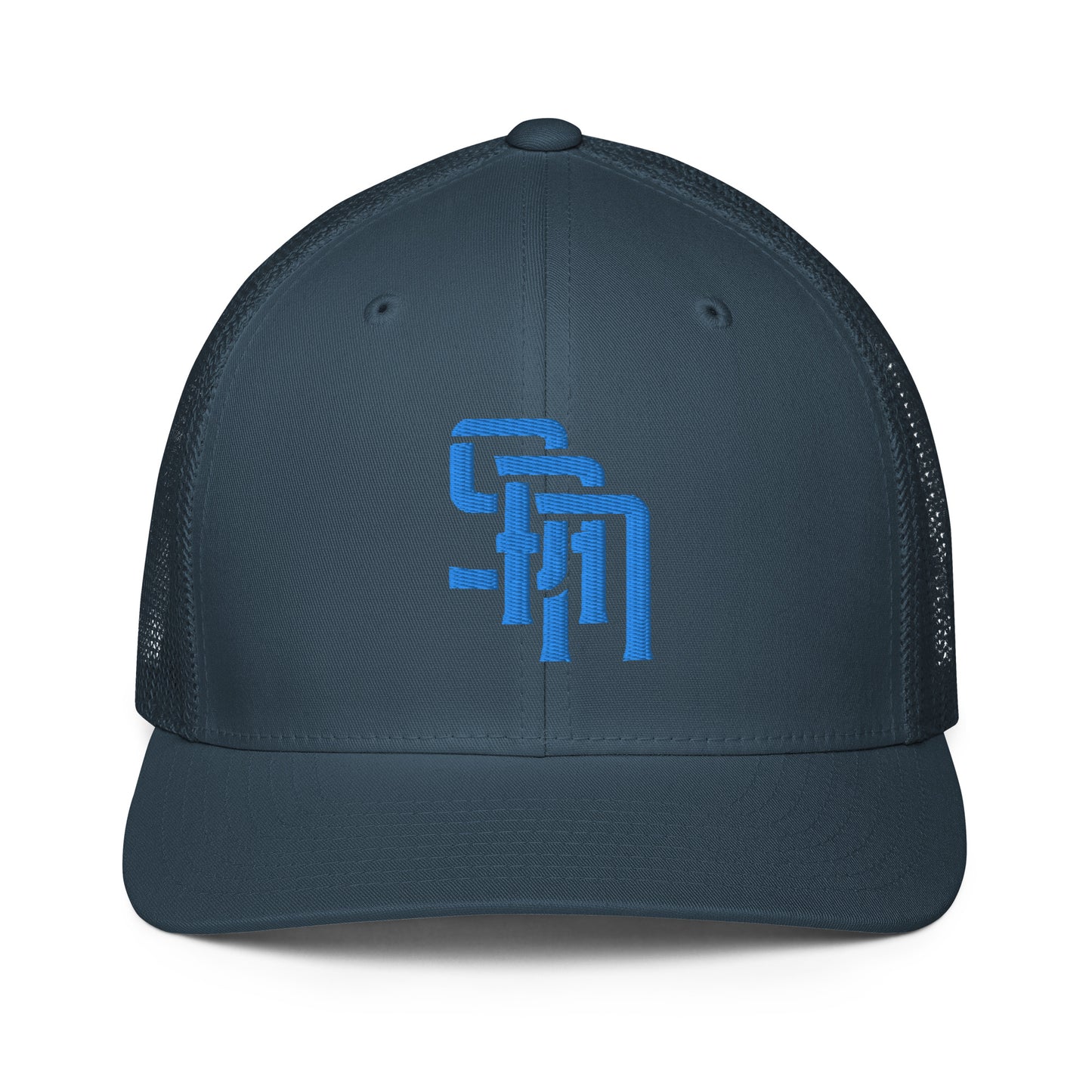 "SAN" Closed-Back Trucker Cap | Flexfit 6511 | E Luna Brand CLASSIC Solocrest 1 Aqua/Teal Thread Front Logo