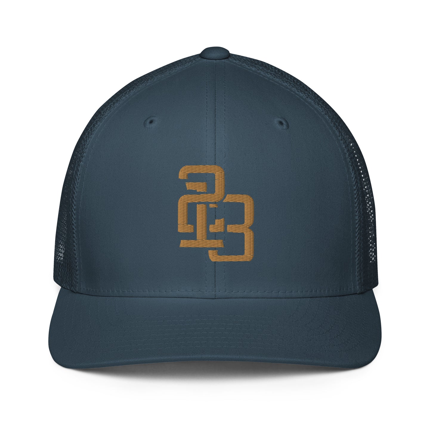 "213" Closed-Back Trucker Cap | Flexfit 6511 | E Luna CLASSIC Solocrest 1 Old Gold Thread Front Logo
