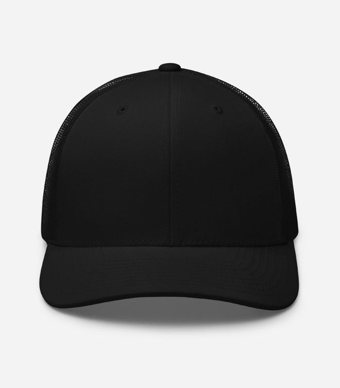 Blank black Yupoong 6606 Retro Trucker Hat, front view