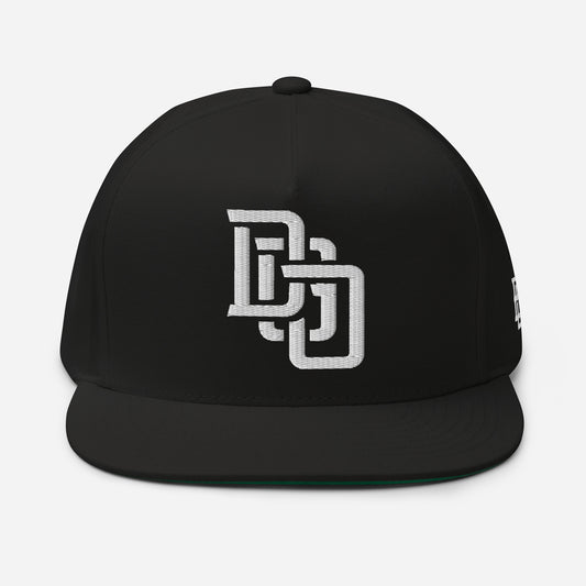 "DGO" Flat Bill Cap | Yupoong 6007 | E Luna Brand ESSENTIAL Duocrest 2 White Thread Logos: Front & Left