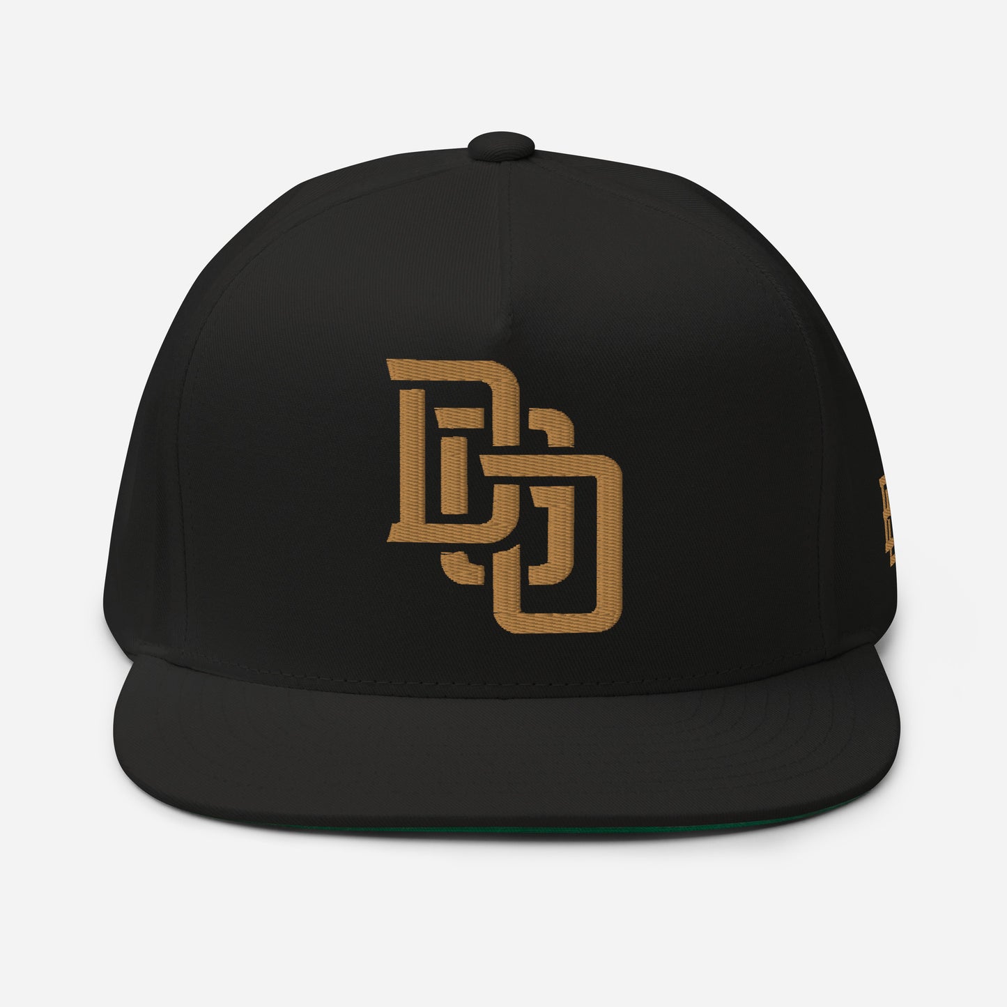 "DGO" Flat Bill Cap | Yupoong 6007 | E Luna Brand ESSENTIAL Duocrest 2 Old Gold Thread Logos: Front & Left