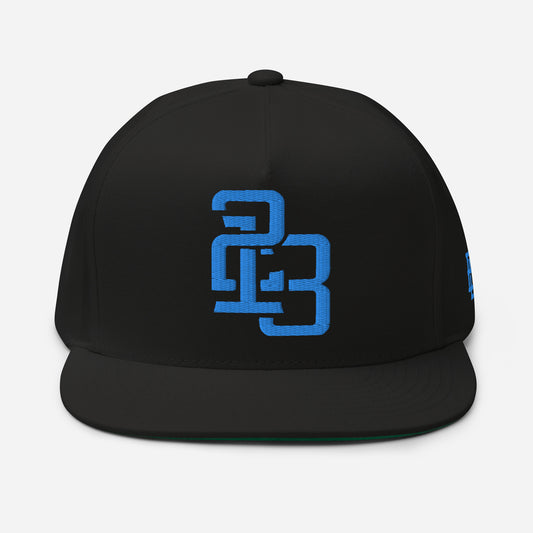 "213" Flat Bill Cap | Yupoong 6007 | E Luna SELECT Tricrest 3 Aqua/Teal Thread Front, Left Side & Back Logos