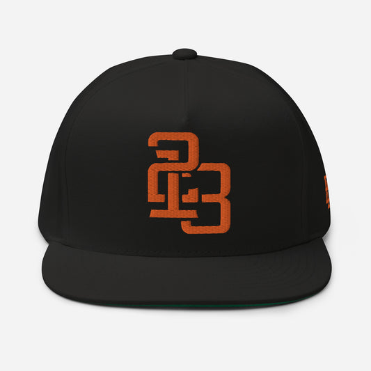 "213" Flat Bill Cap | Yupoong 6007 | E Luna ESSENTIAL Duocrest 2 Orange Thread Front & Left Side Logos