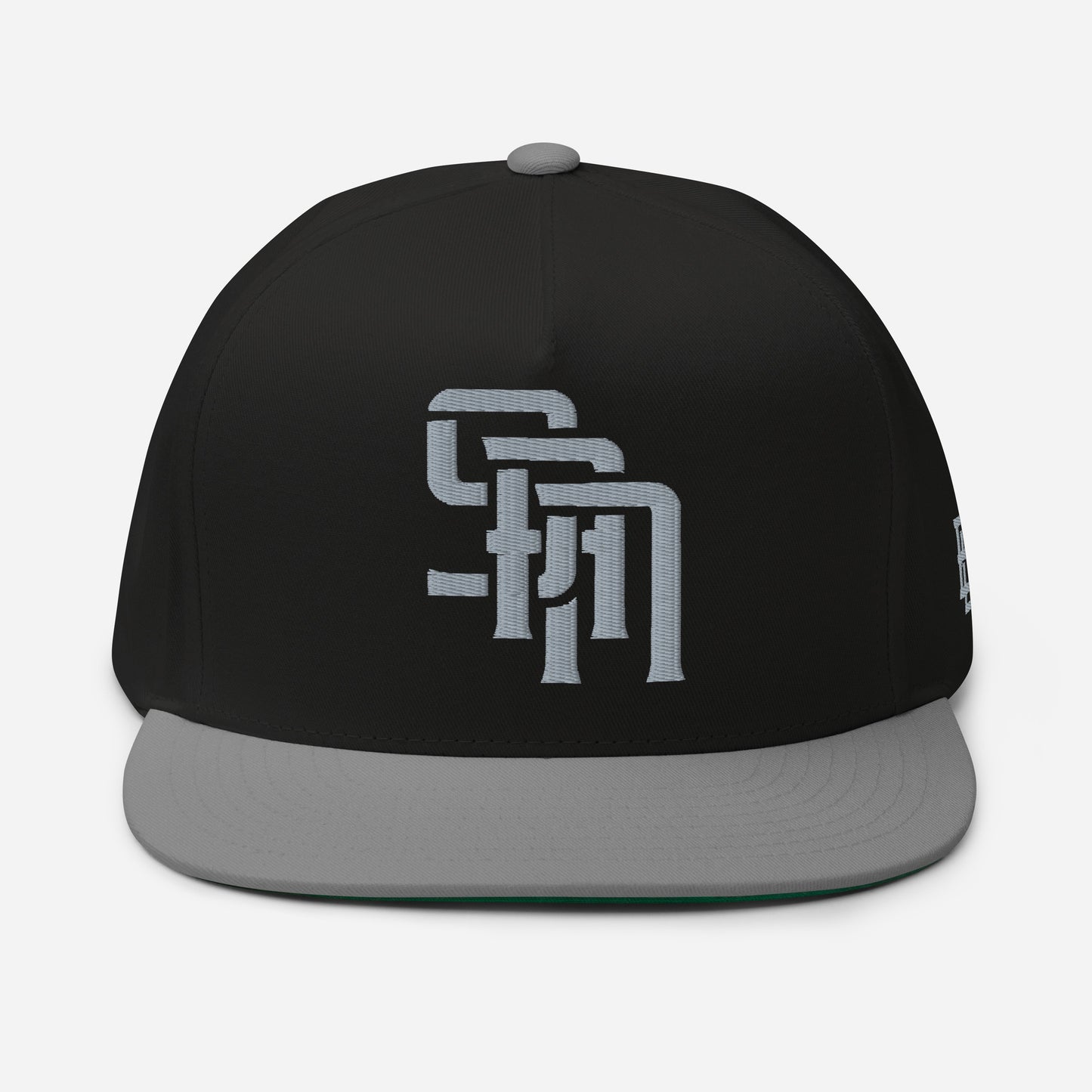 "SAN" Flat Bill Cap | Yupoong 6007 | E Luna Brand ESSENTIAL Duocrest 2 Grey Thread Logos: Front & Left