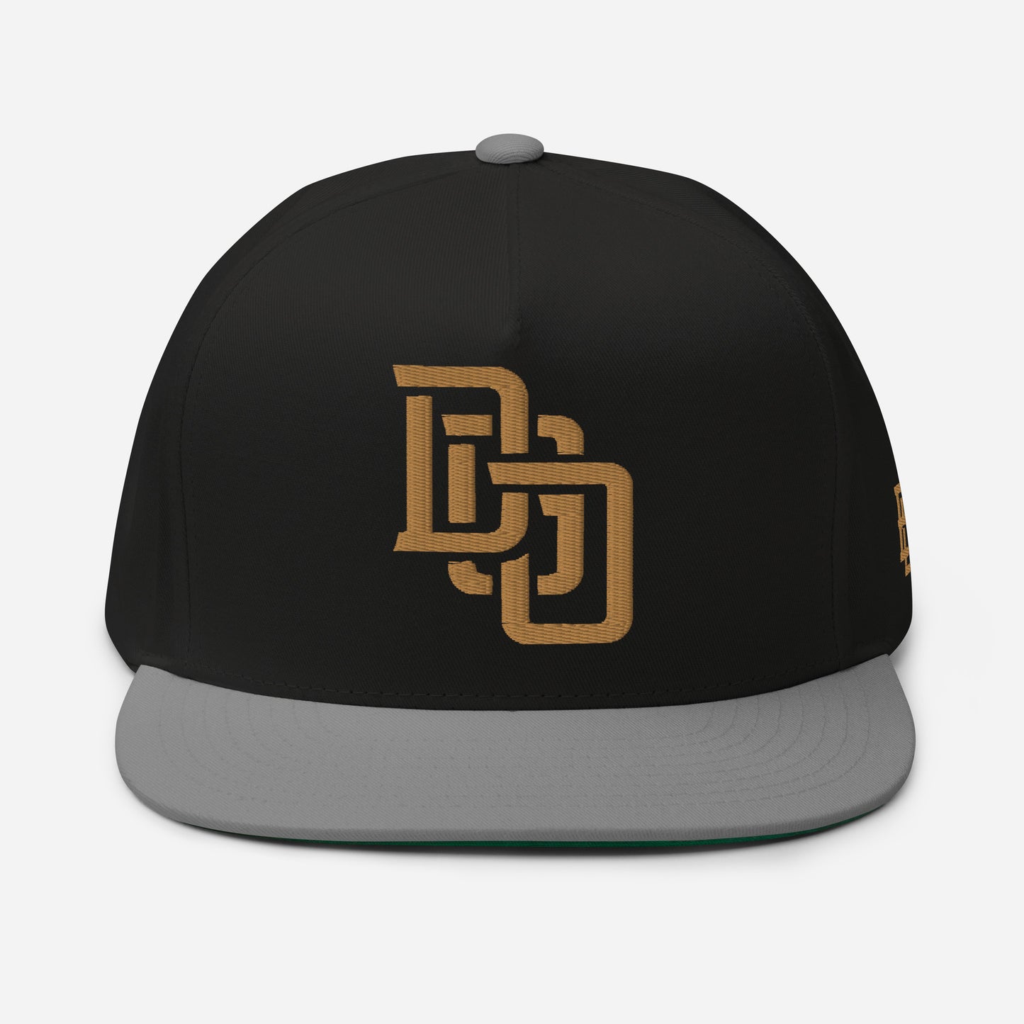 "DGO" Flat Bill Cap | Yupoong 6007 | E Luna Brand ESSENTIAL Duocrest 2 Old Gold Thread Logos: Front & Left