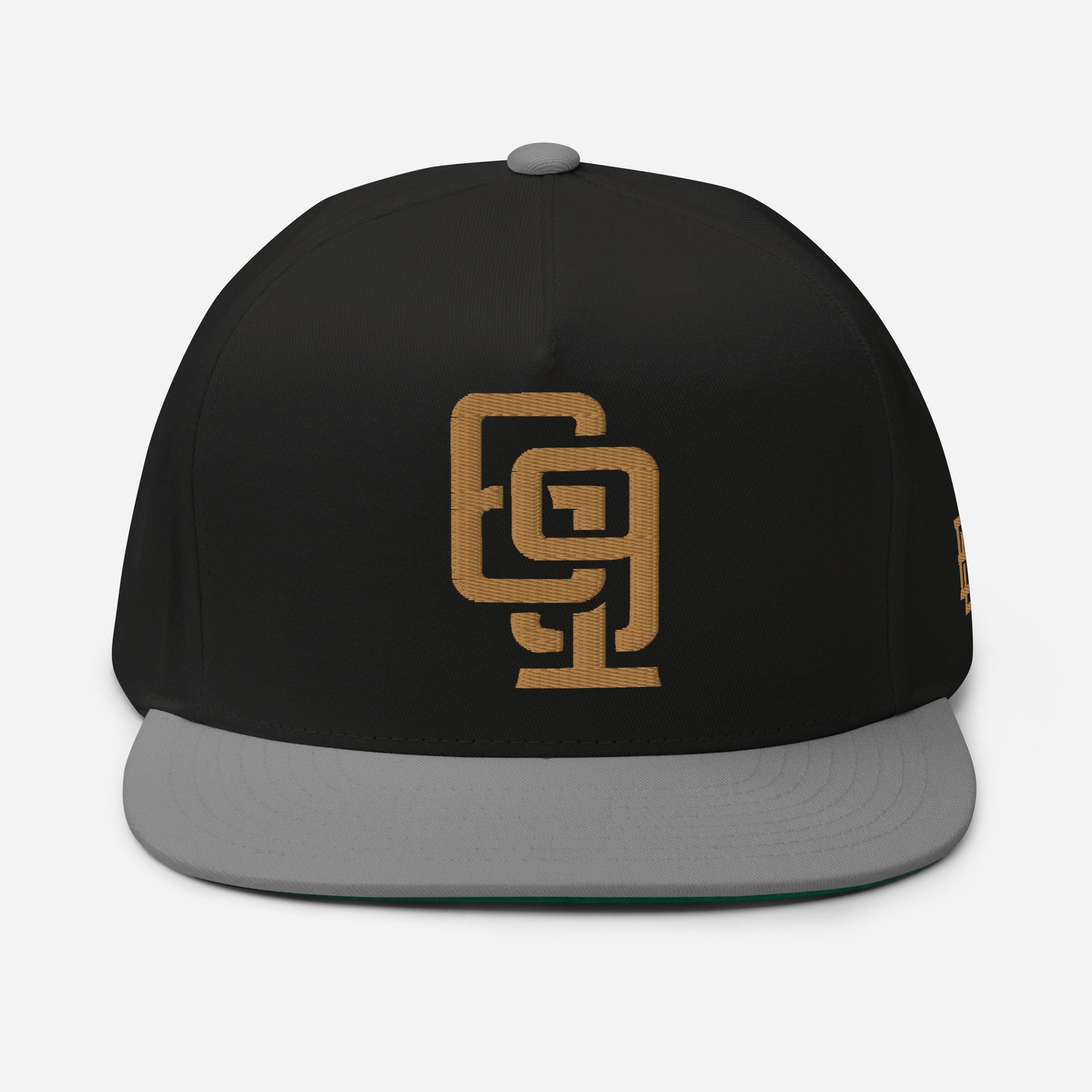 "619" Flat Bill Cap | Yupoong 6007 | E Luna Brand ESSENTIAL Duocrest 2 Old Gold Thread Logos: Front & Left