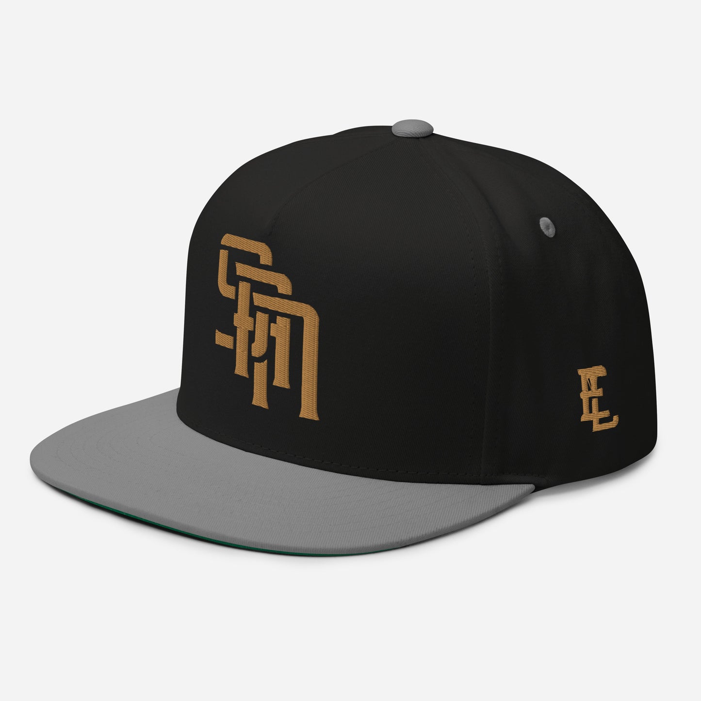 "SAN" Flat Bill Cap | Yupoong 6007 | E Luna Brand ESSENTIAL Duocrest 2 Old Gold Thread Logos: Front & Left