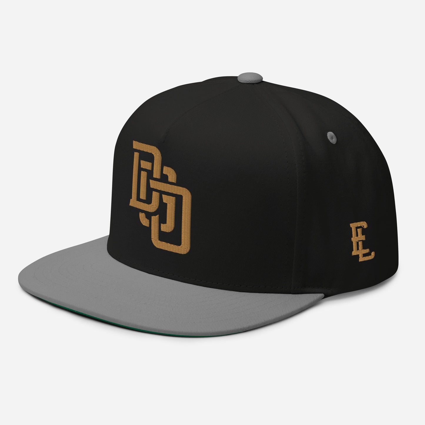 "DGO" Flat Bill Cap | Yupoong 6007 | E Luna Brand ESSENTIAL Duocrest 2 Old Gold Thread Logos: Front & Left