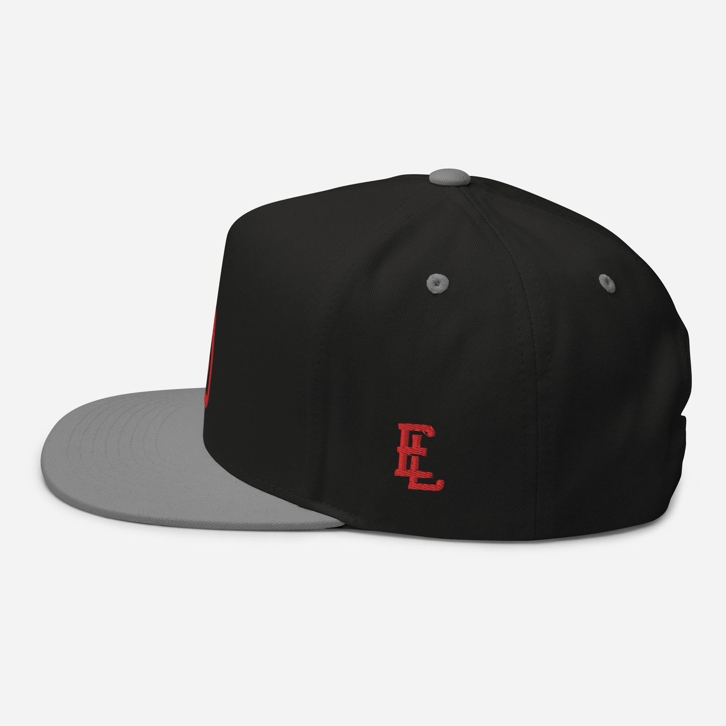 "DGO" Flat Bill Cap | Yupoong 6007 | E Luna Brand ESSENTIAL Duocrest 2 Red Thread Logos: Front & Left