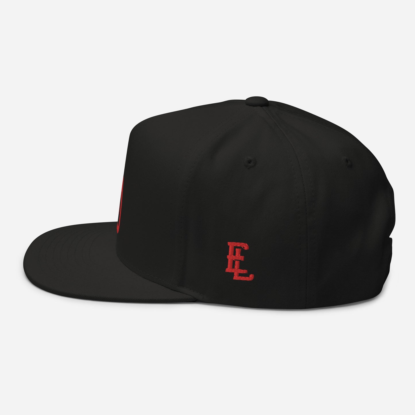 "DGO" Flat Bill Cap | Yupoong 6007 | E Luna Brand ESSENTIAL Duocrest 2 Red Thread Logos: Front & Left