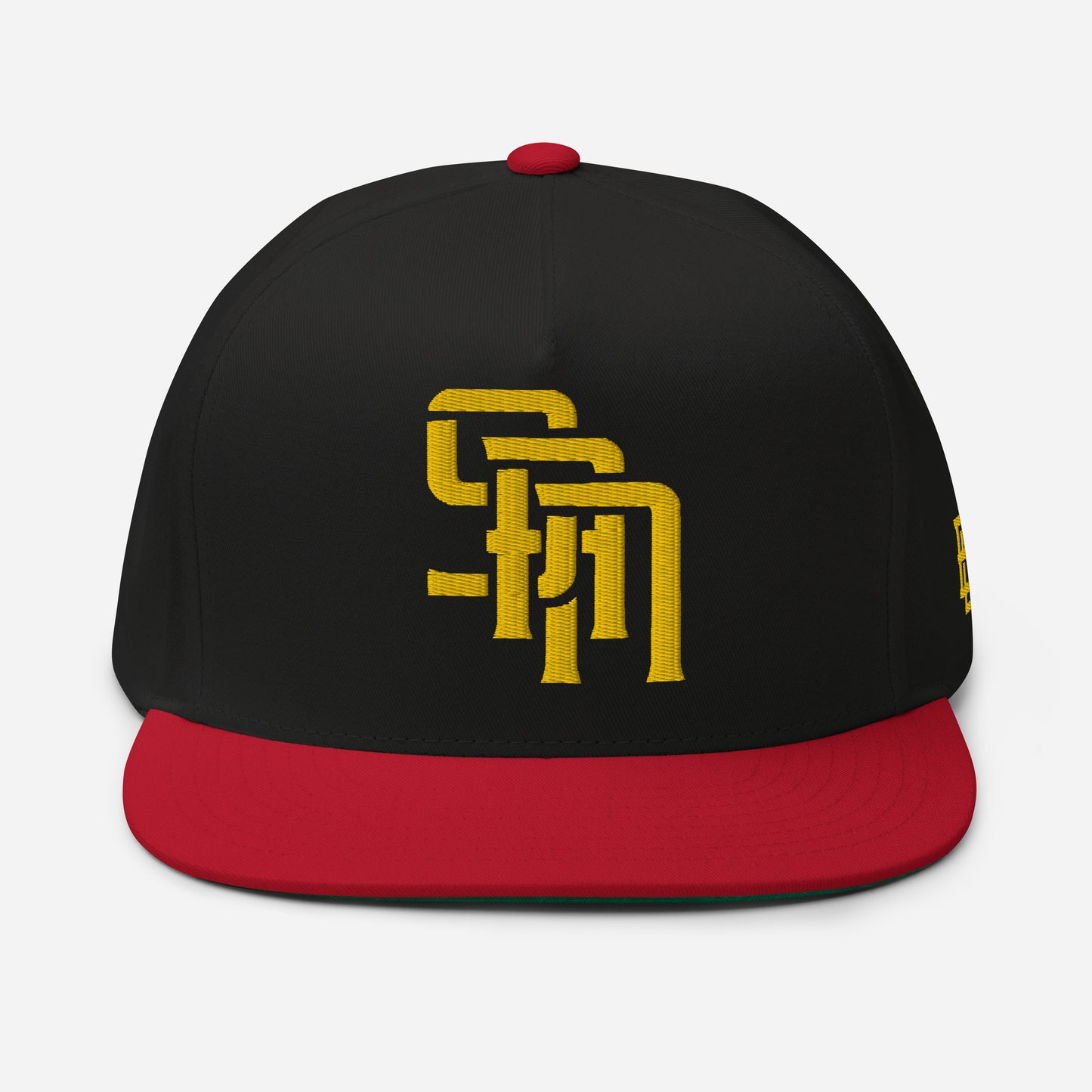 "SAN" Flat Bill Cap | Yupoong 6007 | E Luna Brand ESSENTIAL Duocrest 2 Gold Thread Logos: Front & Left
