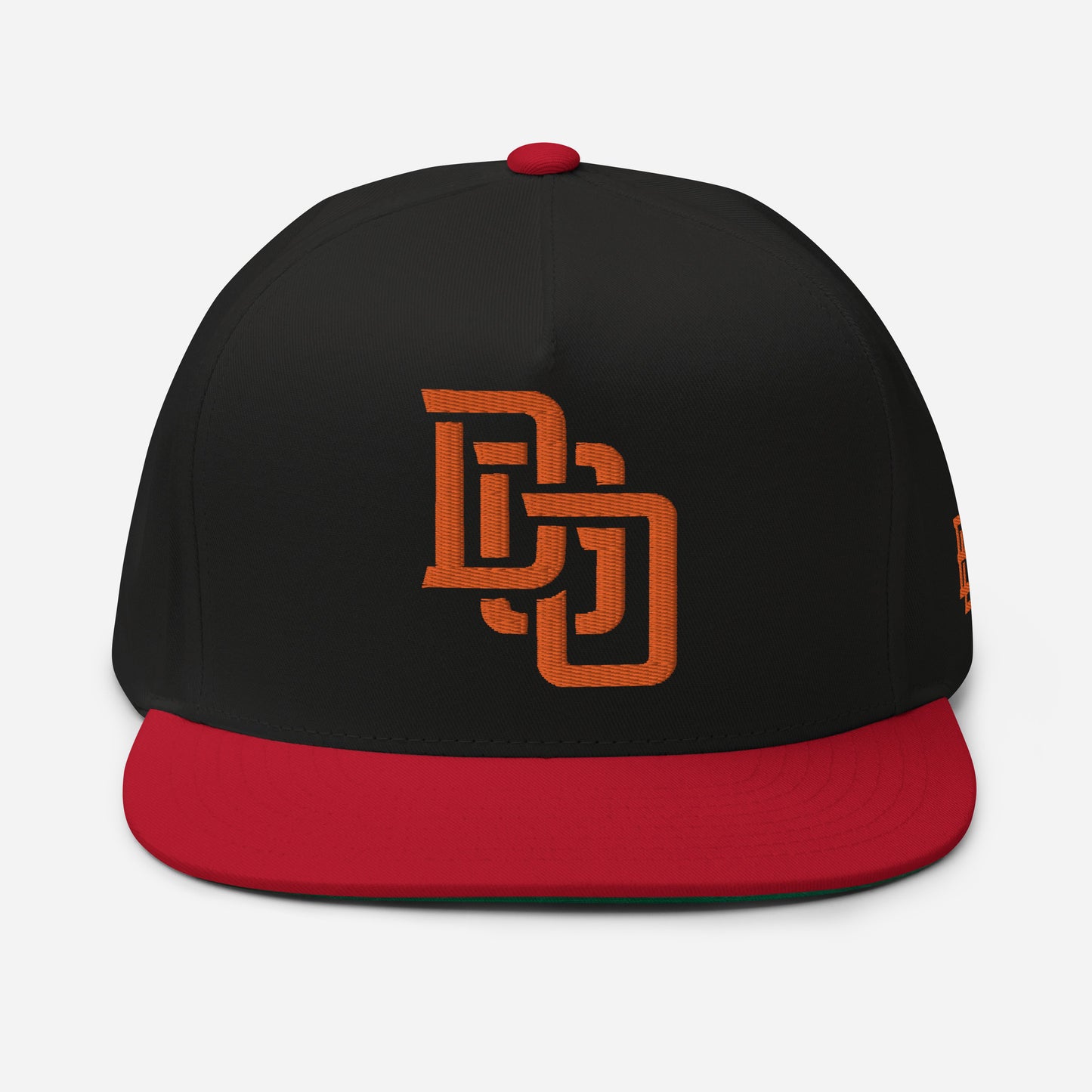"DGO" Flat Bill Cap | Yupoong 6007 | E Luna Brand ESSENTIAL Duocrest 2 Orange Thread Logos: Front & Left