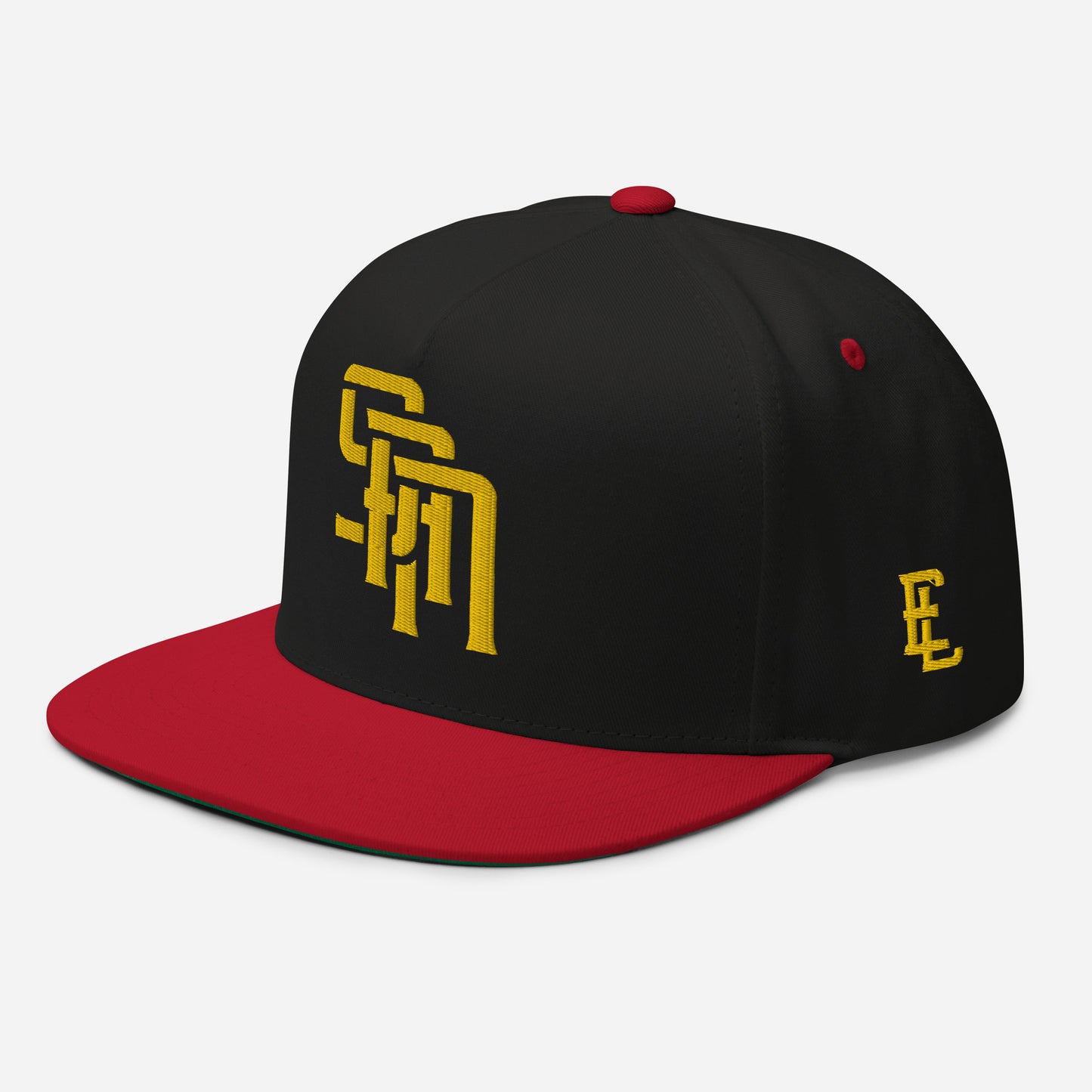 "SAN" Flat Bill Cap | Yupoong 6007 | E Luna Brand ESSENTIAL Duocrest 2 Gold Thread Logos: Front & Left