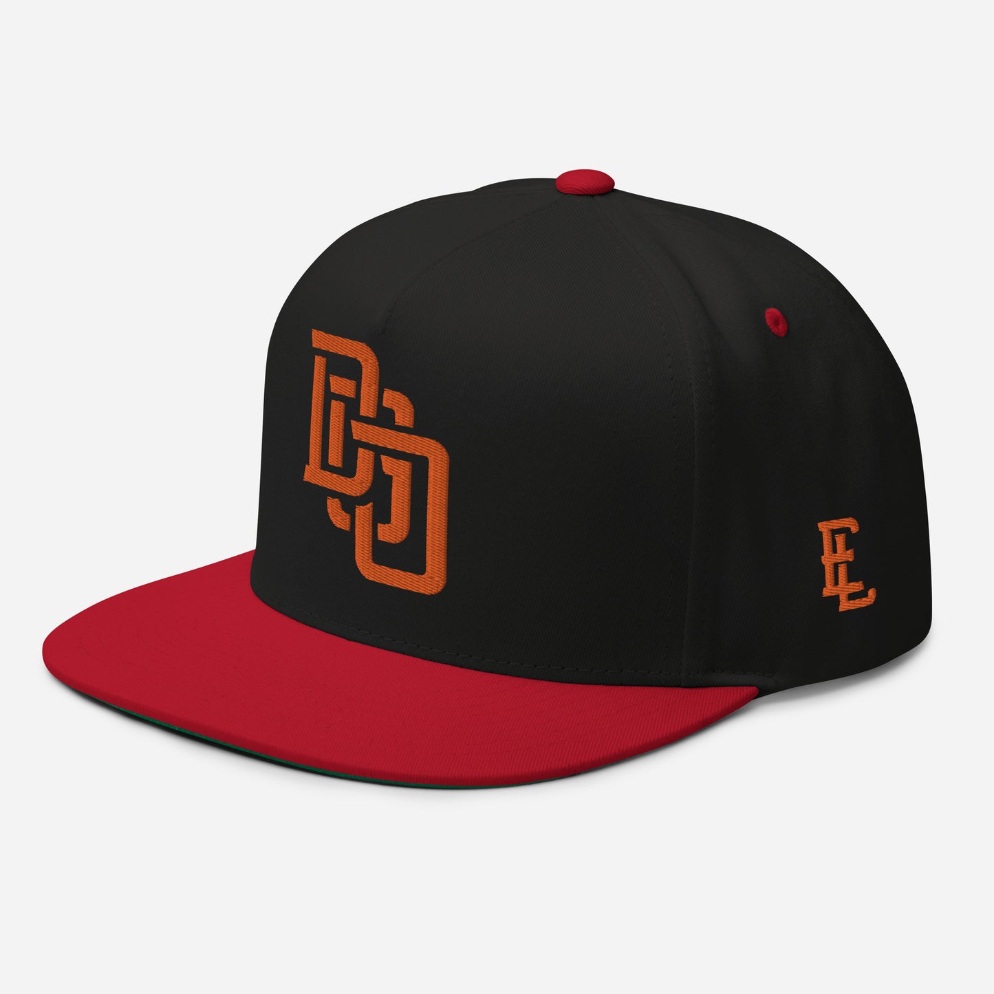 "DGO" Flat Bill Cap | Yupoong 6007 | E Luna Brand ESSENTIAL Duocrest 2 Orange Thread Logos: Front & Left