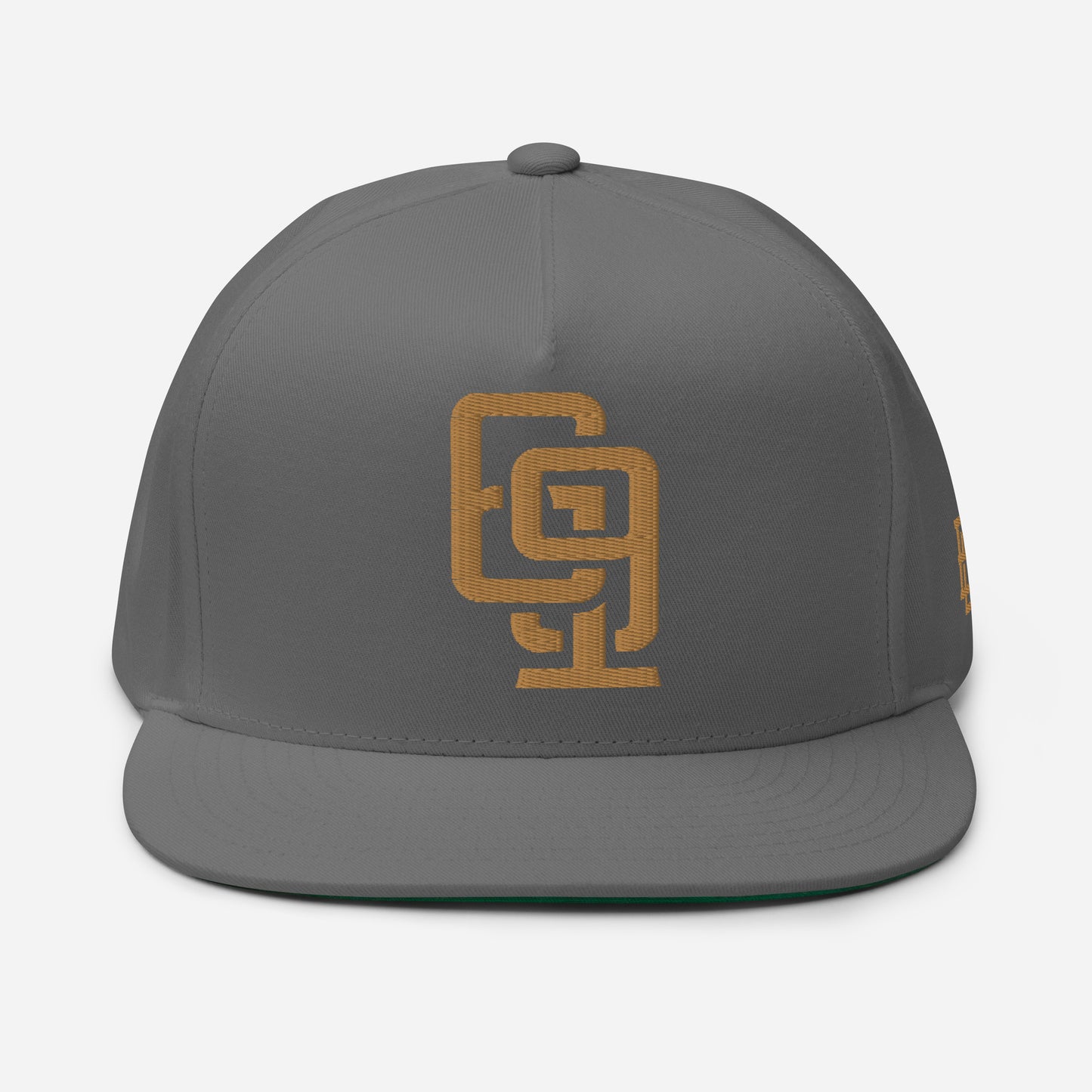 "619" Flat Bill Cap | Yupoong 6007 | E Luna Brand ESSENTIAL Duocrest 2 Old Gold Thread Logos: Front & Left
