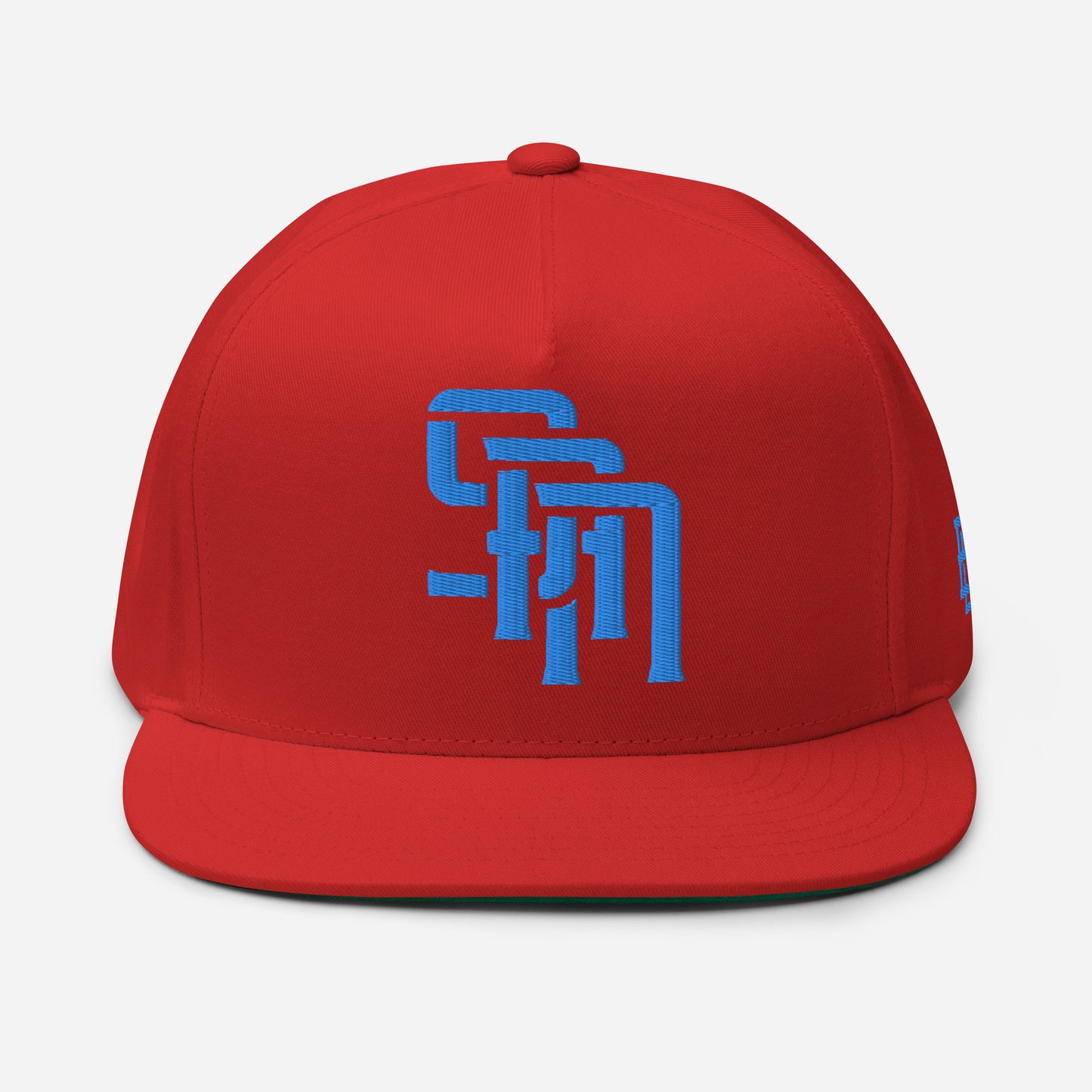 "SAN" Flat Bill Cap | Yupoong 6007 | E Luna Brand ESSENTIAL Duocrest 2 Aqua/Teal Thread Logos: Front & Left