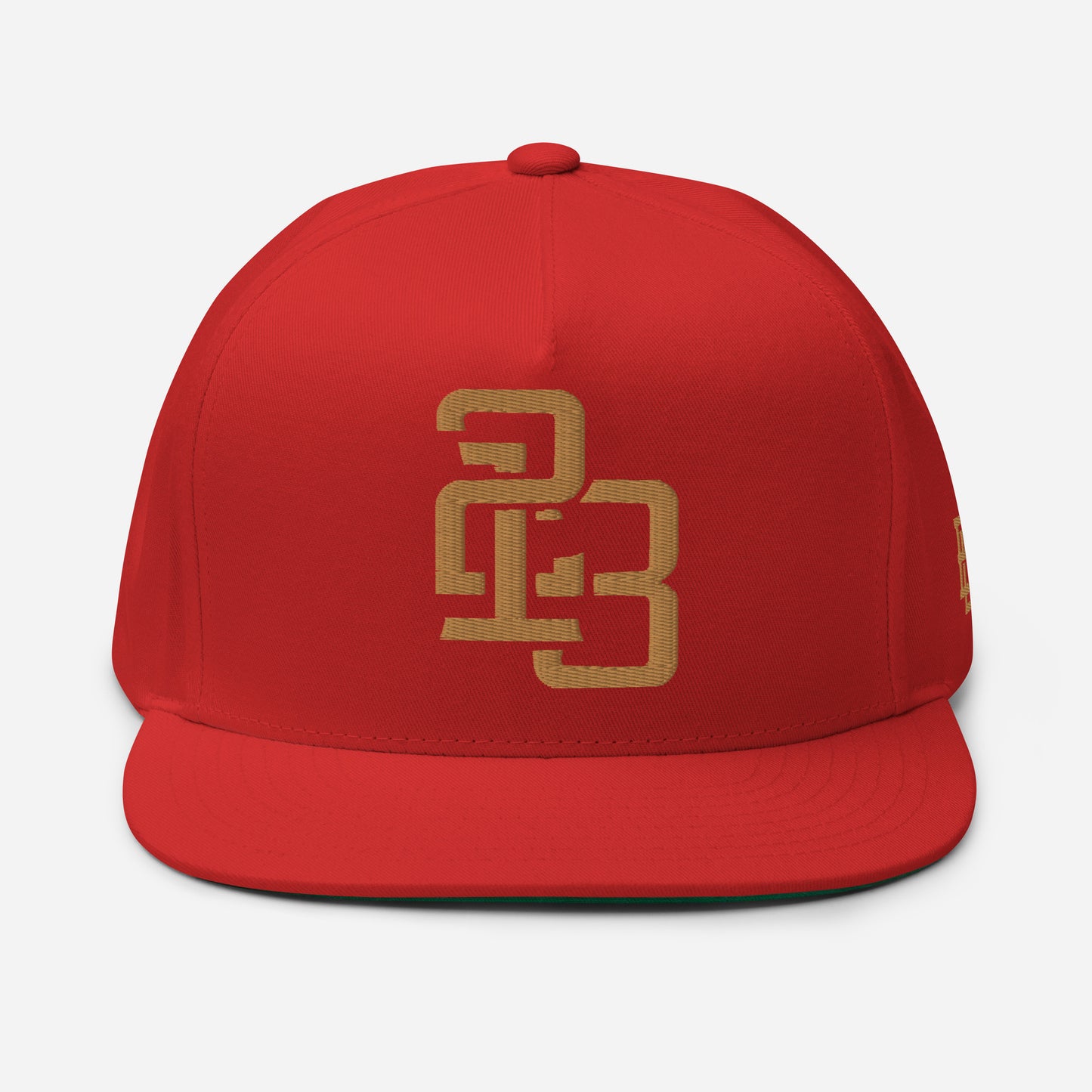 "213" Flat Bill Cap | Yupoong 6007 | E Luna SELECT Tricrest 3 Old Gold Thread Front, Left Side & Back Logos