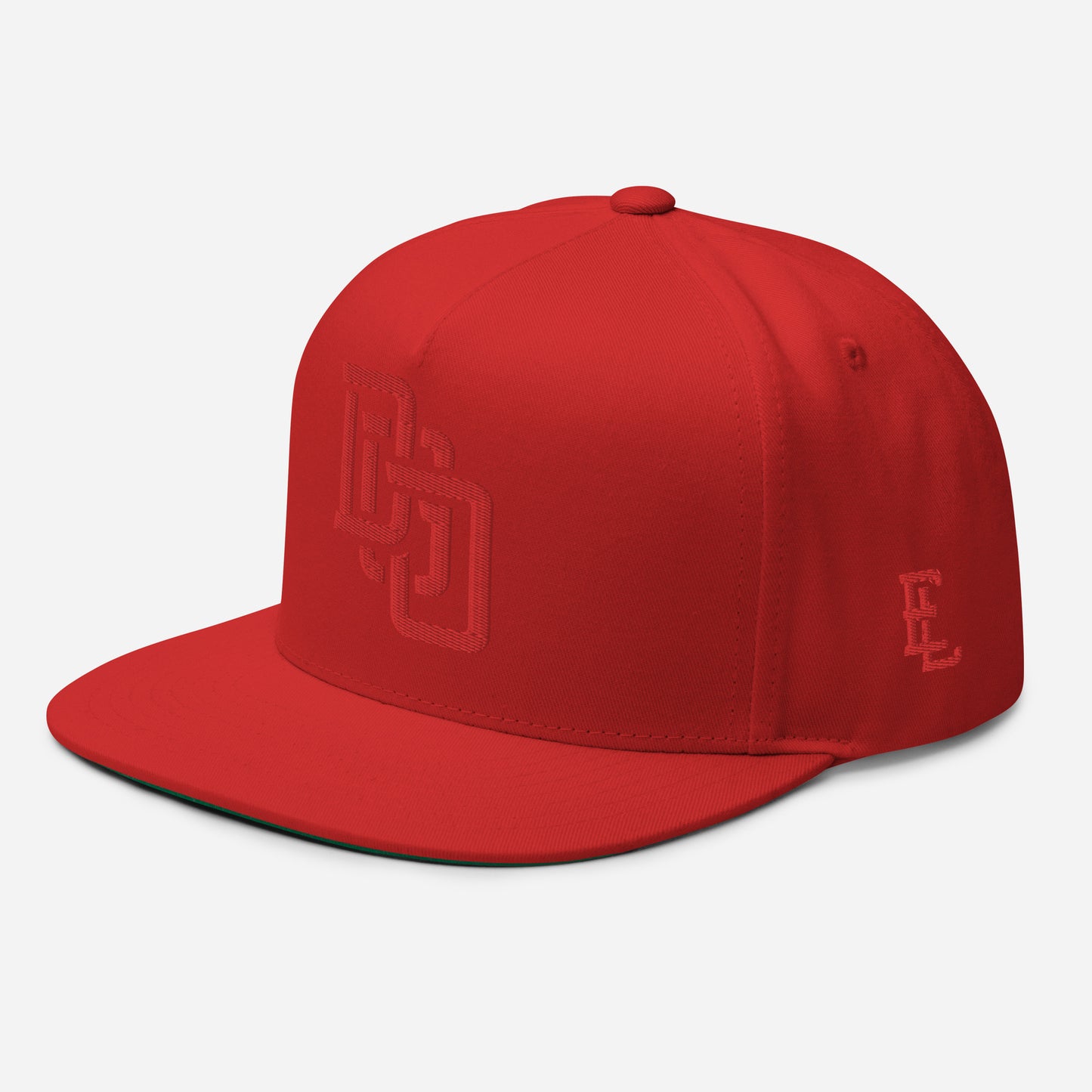 "DGO" Flat Bill Cap | Yupoong 6007 | E Luna Brand ESSENTIAL Duocrest 2 Red Thread Logos: Front & Left