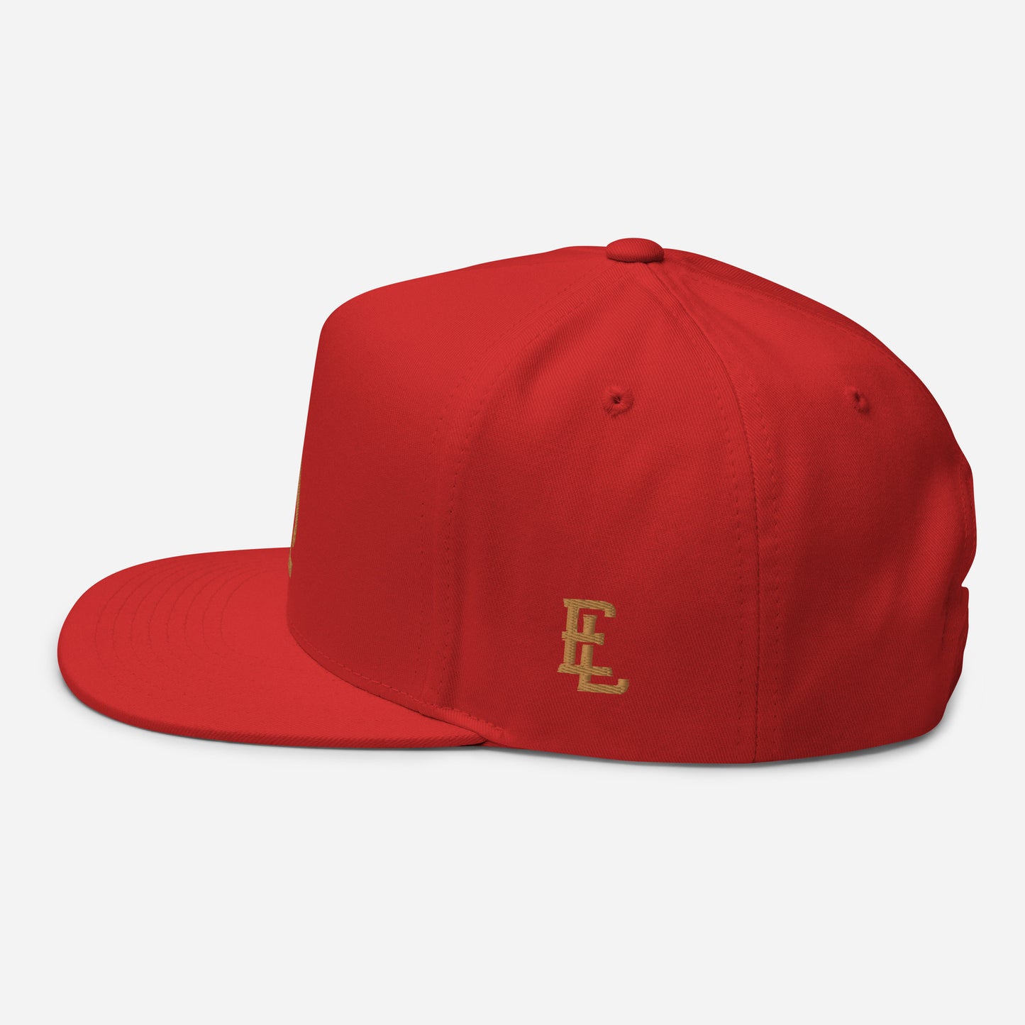"619" Flat Bill Cap | Yupoong 6007 | E Luna Brand ESSENTIAL Duocrest 2 Old Gold Thread Logos: Front & Left