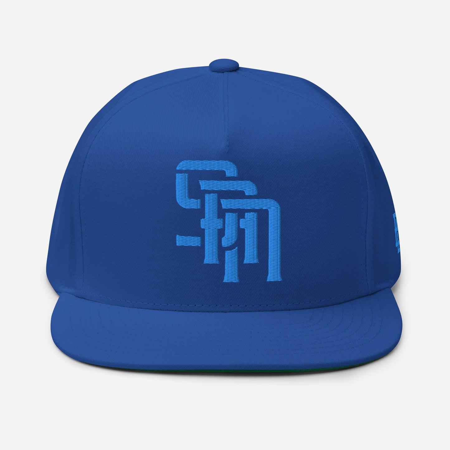 "SAN" Flat Bill Cap | Yupoong 6007 | E Luna Brand ESSENTIAL Duocrest 2 Aqua/Teal Thread Logos: Front & Left