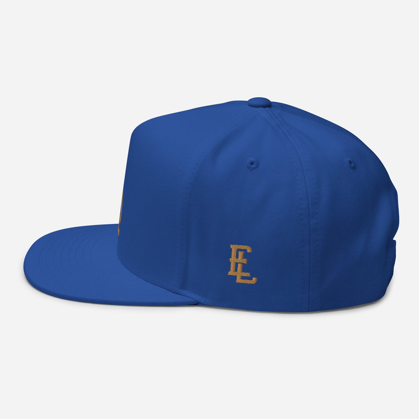"619" Flat Bill Cap | Yupoong 6007 | E Luna Brand ESSENTIAL Duocrest 2 Old Gold Thread Logos: Front & Left
