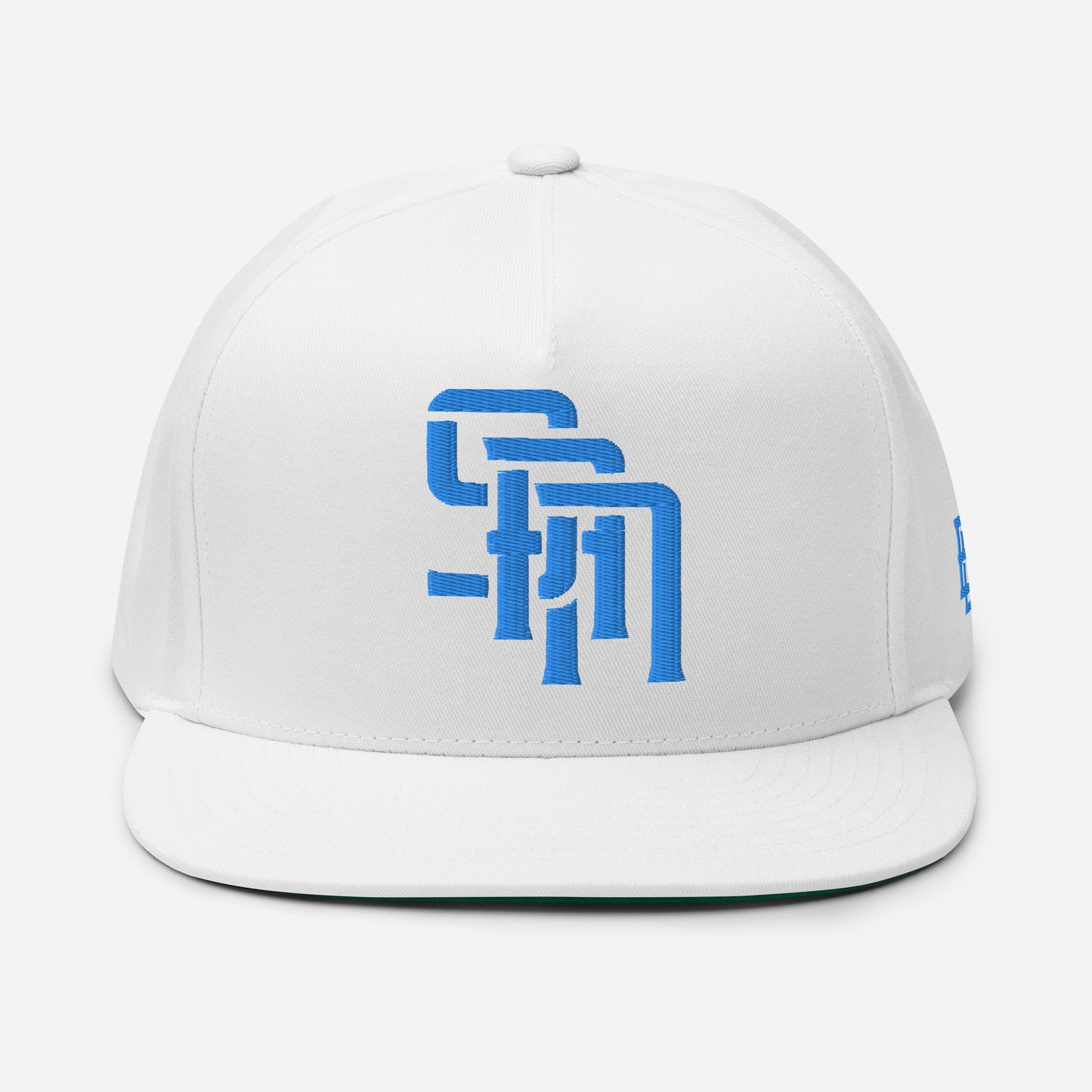 "SAN" Flat Bill Cap | Yupoong 6007 | E Luna Brand ESSENTIAL Duocrest 2 Aqua/Teal Thread Logos: Front & Left