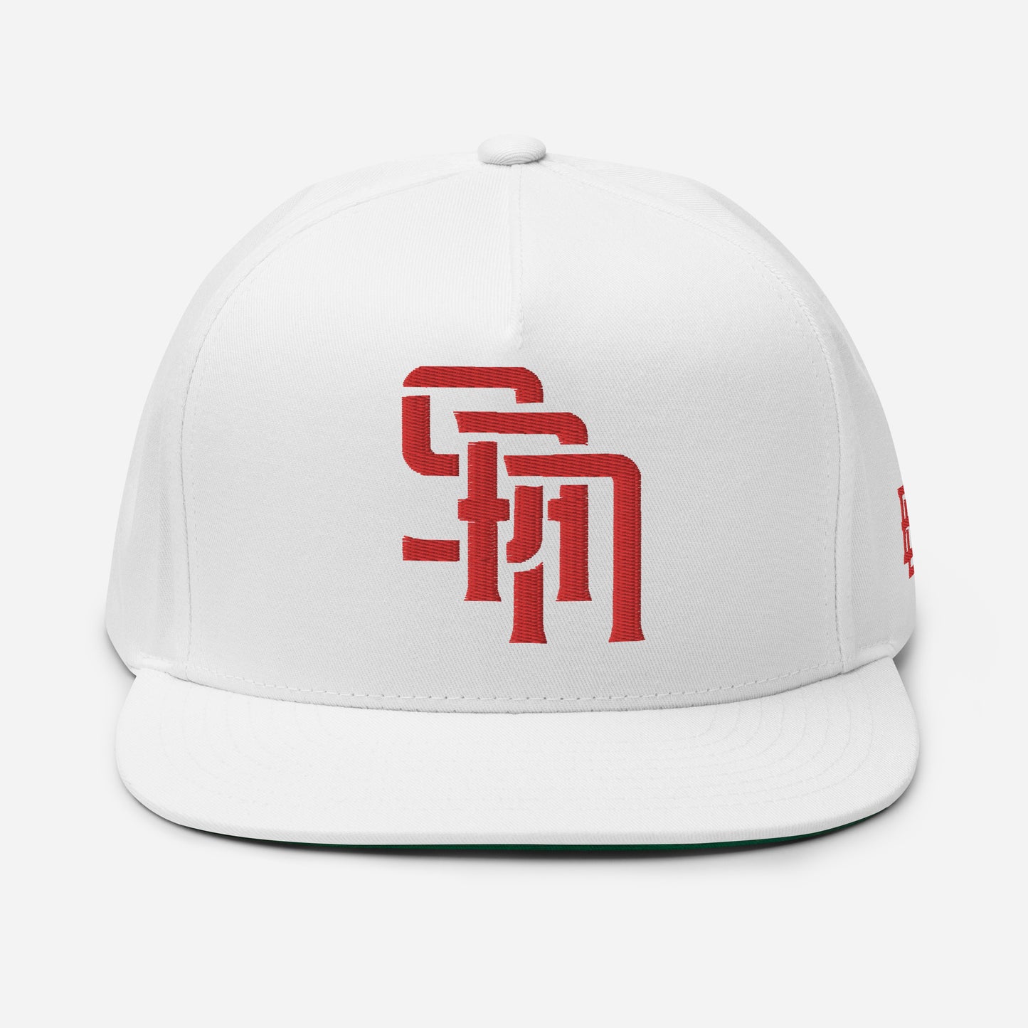 "SAN" Flat Bill Cap | Yupoong 6007 | E Luna Brand ESSENTIAL Duocrest 2 Red Thread Logos: Front & Left