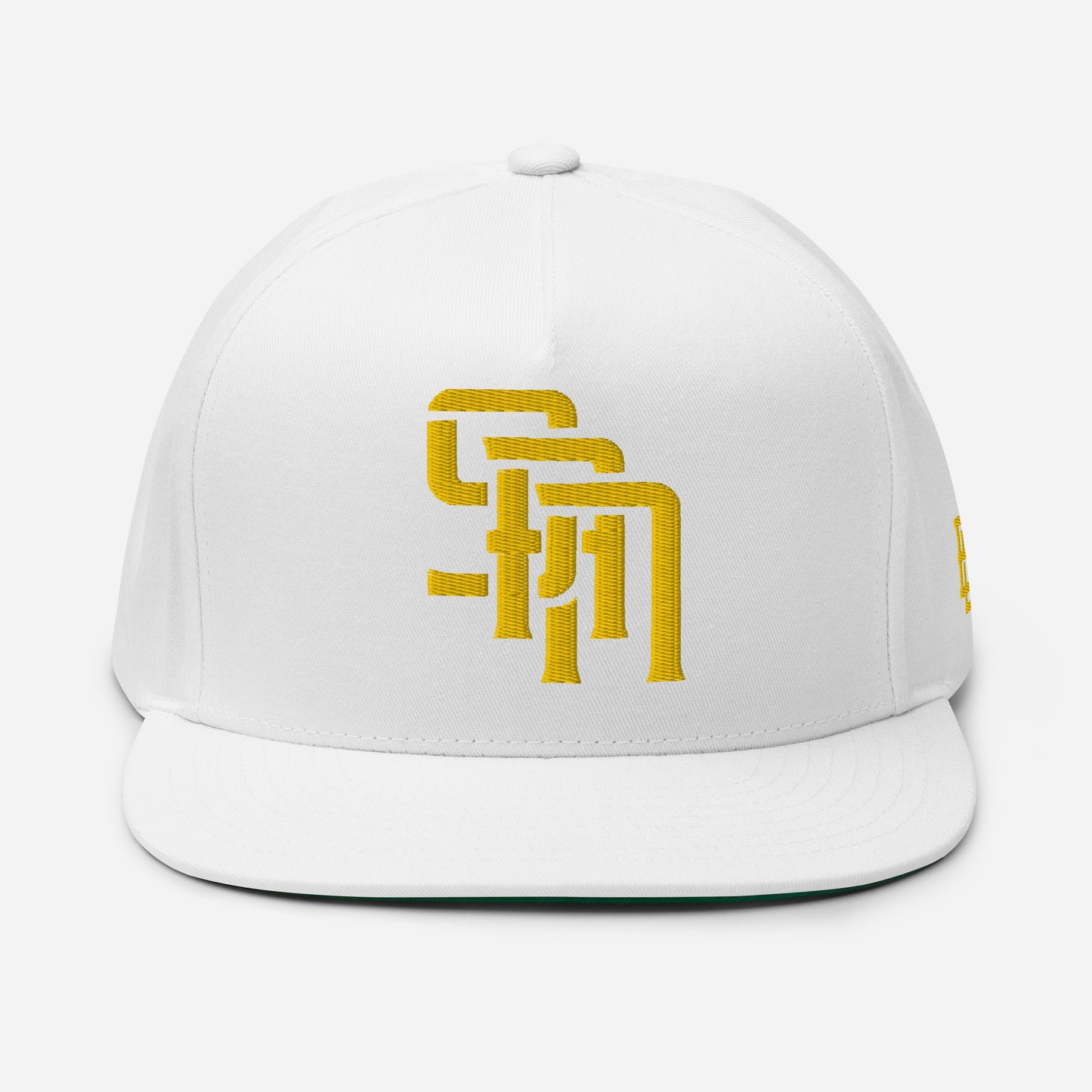 "SAN" Flat Bill Cap | Yupoong 6007 | E Luna Brand ESSENTIAL Duocrest 2 Gold Thread Logos: Front & Left
