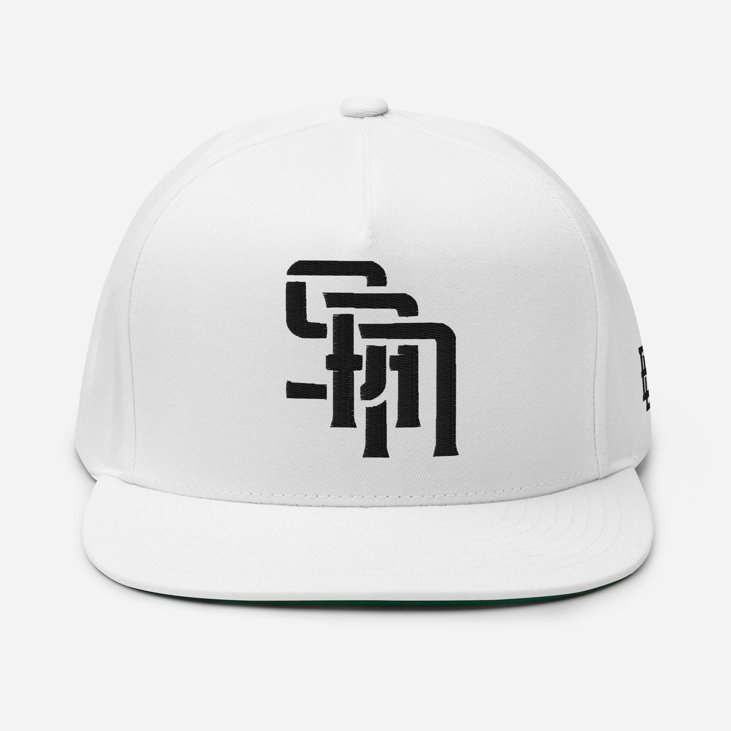 "SAN" Flat Bill Cap | Yupoong 6007 | E Luna Brand ESSENTIAL Duocrest 2 Black Thread Logos: Front & Left