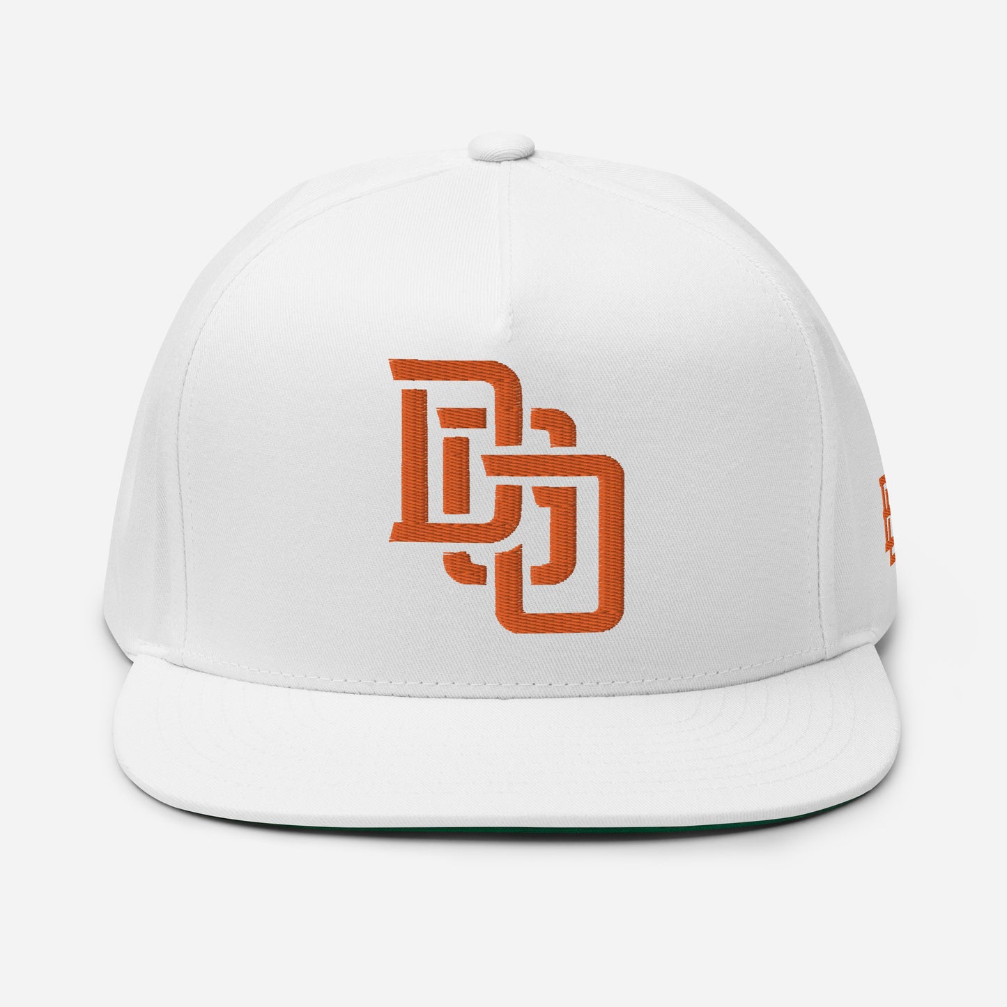 "DGO" Flat Bill Cap | Yupoong 6007 | E Luna Brand ESSENTIAL Duocrest 2 Orange Thread Logos: Front & Left