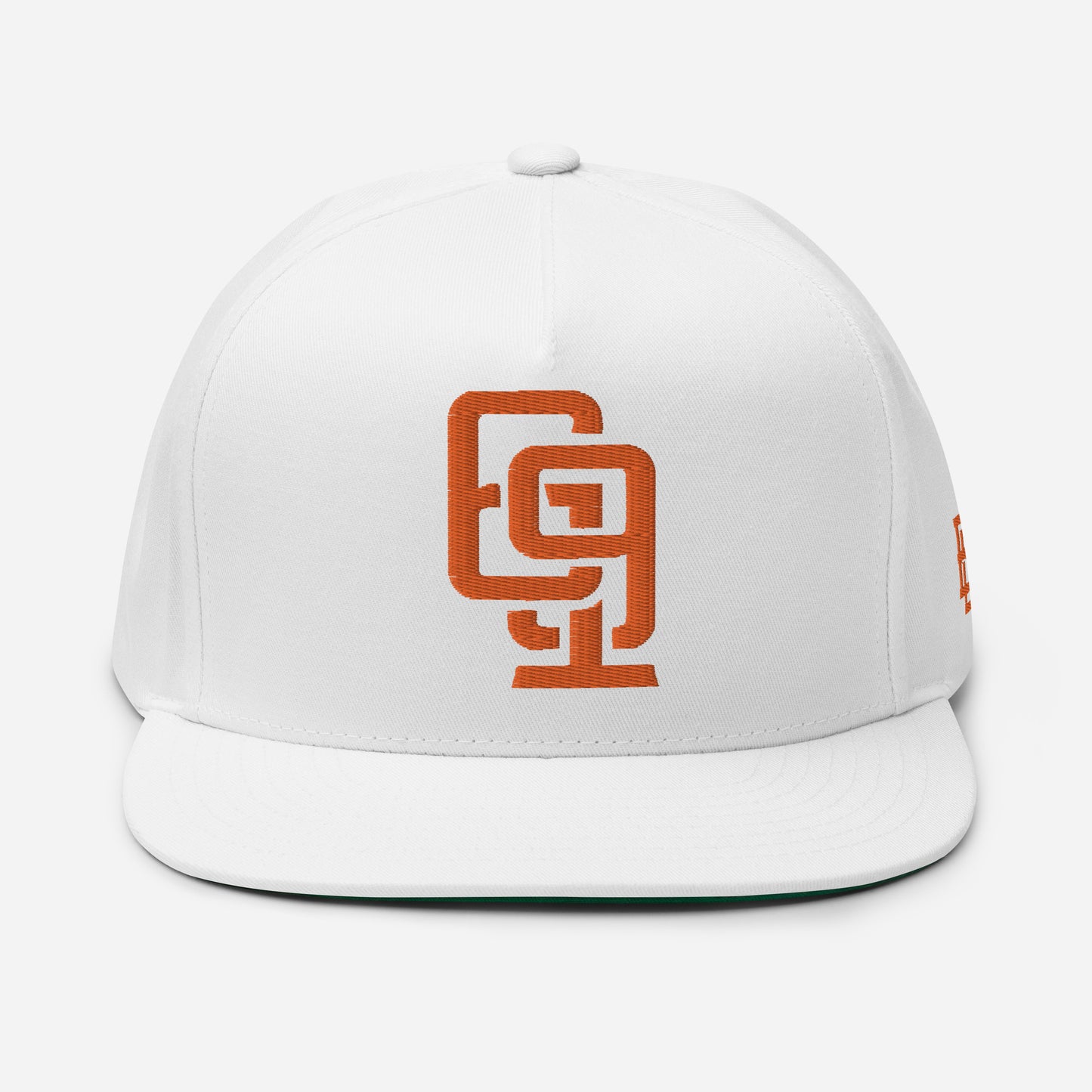 "619" Flat Bill Cap | Yupoong 6007 | E Luna Brand ESSENTIAL Duocrest 2 Orange Thread Logos: Front & Left