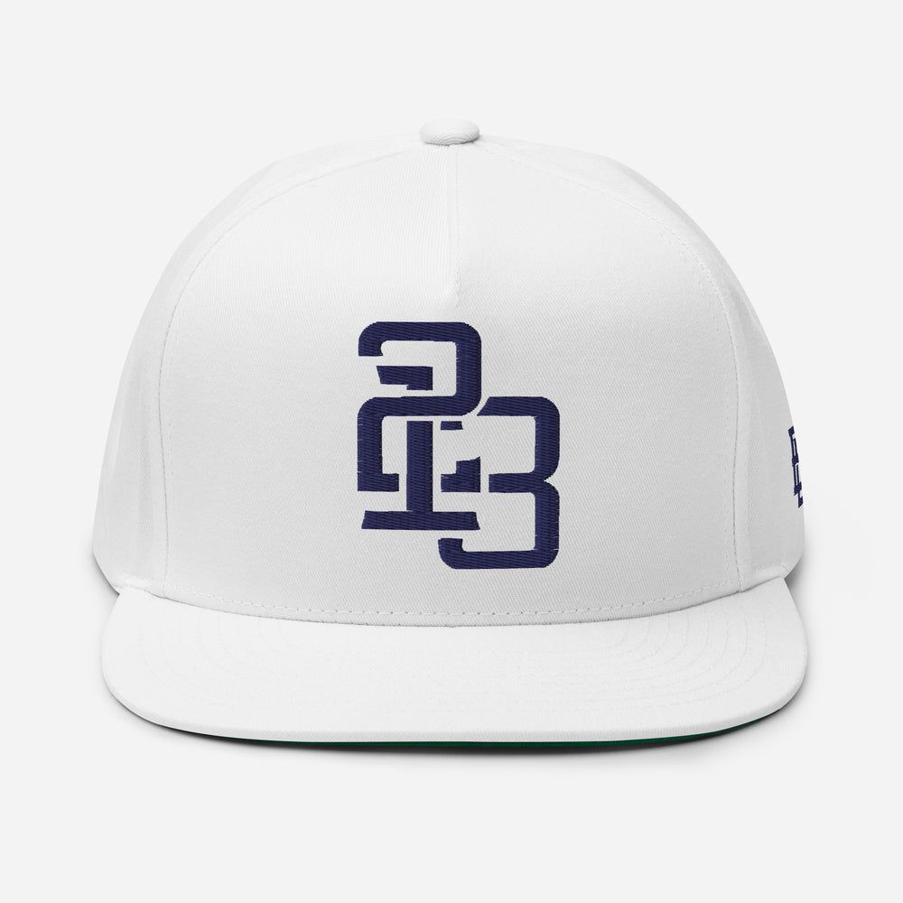 "213" Flat Bill Cap | Yupoong 6007 | E Luna ESSENTIAL Duocrest 2 Navy Thread Front & Left Side Logos