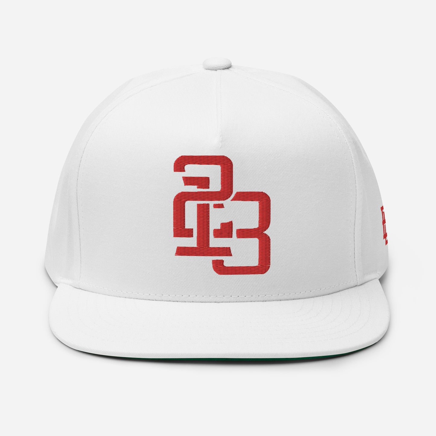 "213" Flat Bill Cap | Yupoong 6007 | E Luna ESSENTIAL Duocrest 2 Red Thread Front & Left Side Logos
