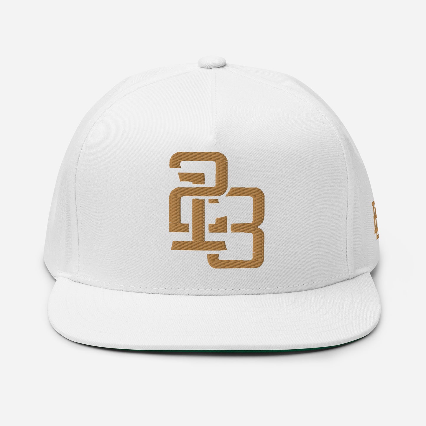 "213" Flat Bill Cap | Yupoong 6007 | E Luna ESSENTIAL Duocrest 2 Old Gold Thread Front & Left Side Logos