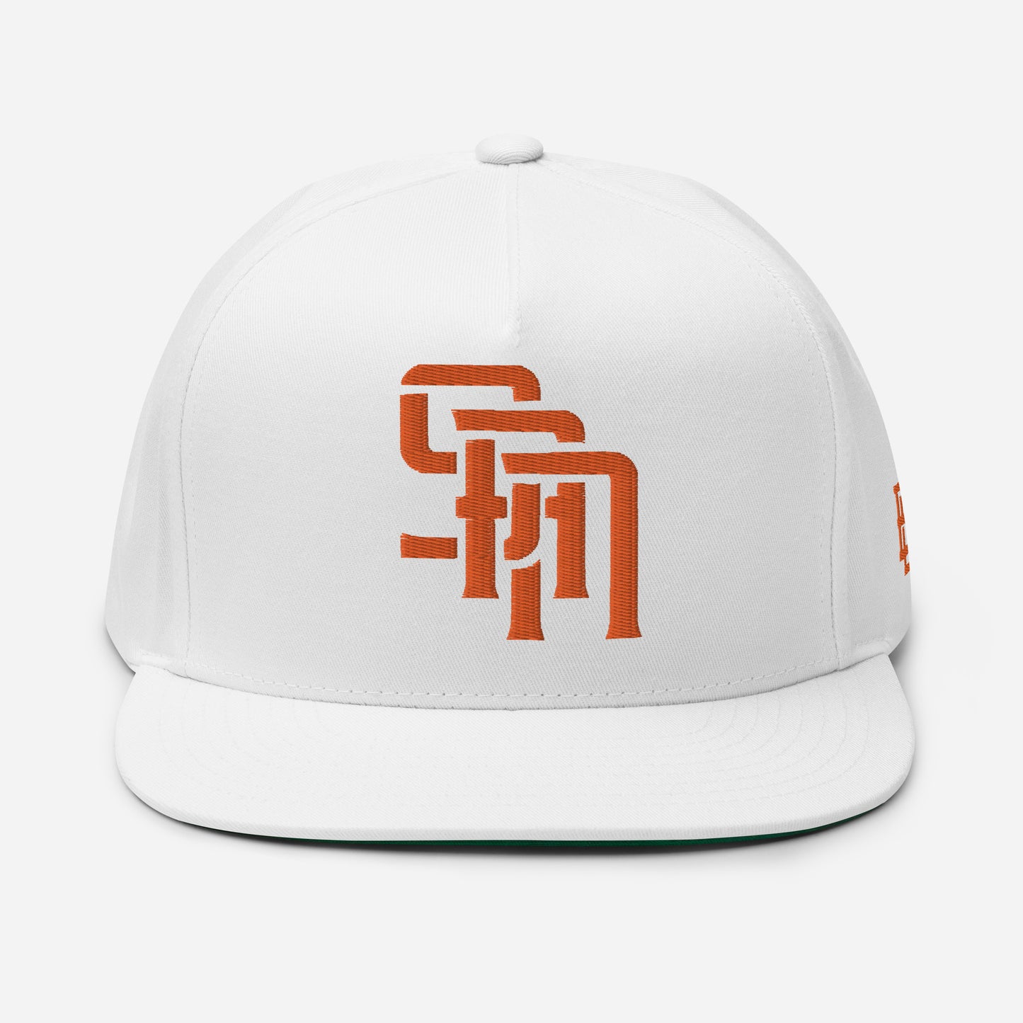 "SAN" Flat Bill Cap | Yupoong 6007 | E Luna Brand ESSENTIAL Duocrest 2 Orange Thread Logos: Front & Left