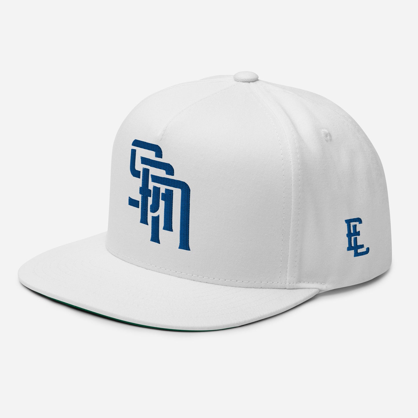 "SAN" Flat Bill Cap | Yupoong 6007 | E Luna Brand ESSENTIAL Duocrest 2 Royal Thread Logos: Front & Left