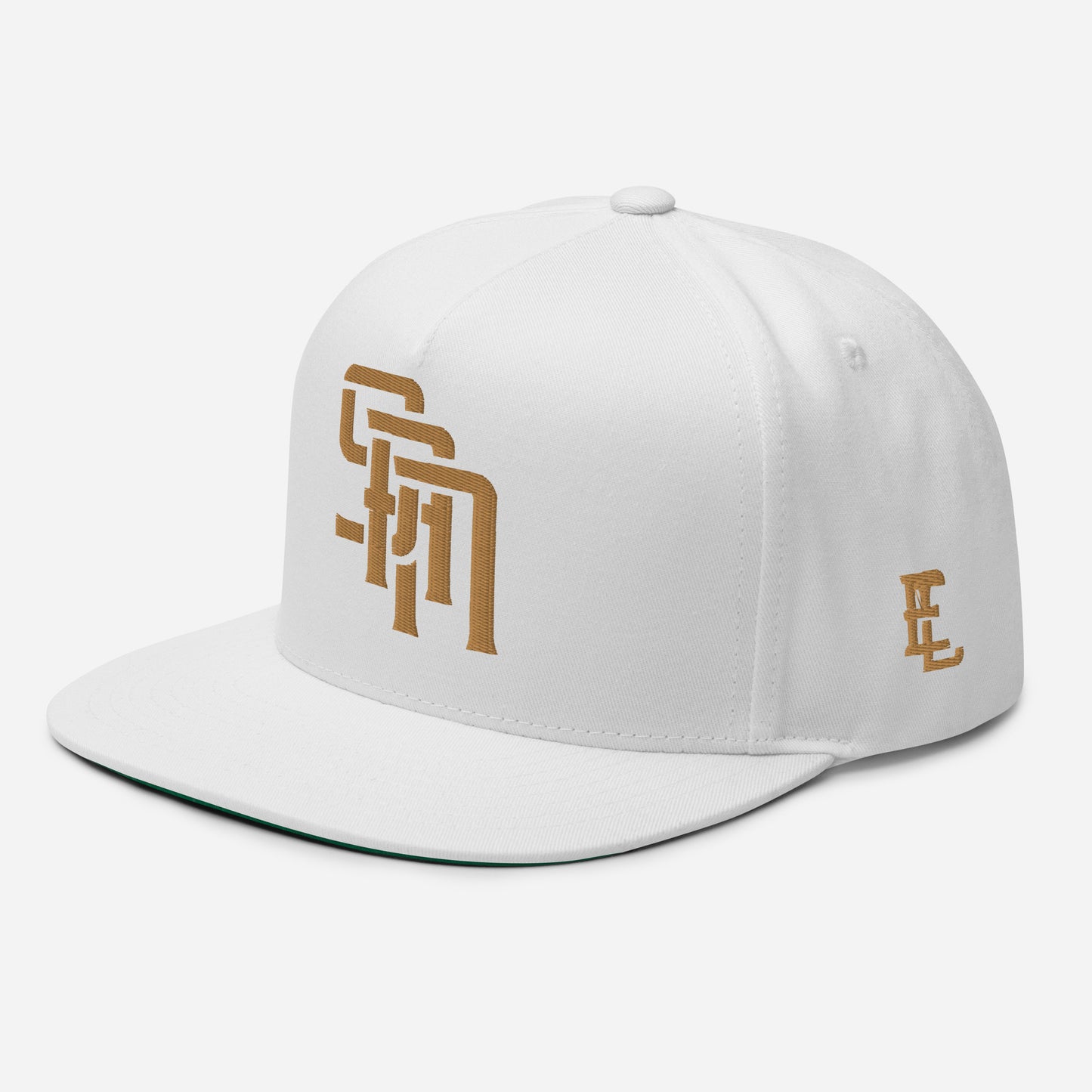 "SAN" Flat Bill Cap | Yupoong 6007 | E Luna Brand ESSENTIAL Duocrest 2 Old Gold Thread Logos: Front & Left