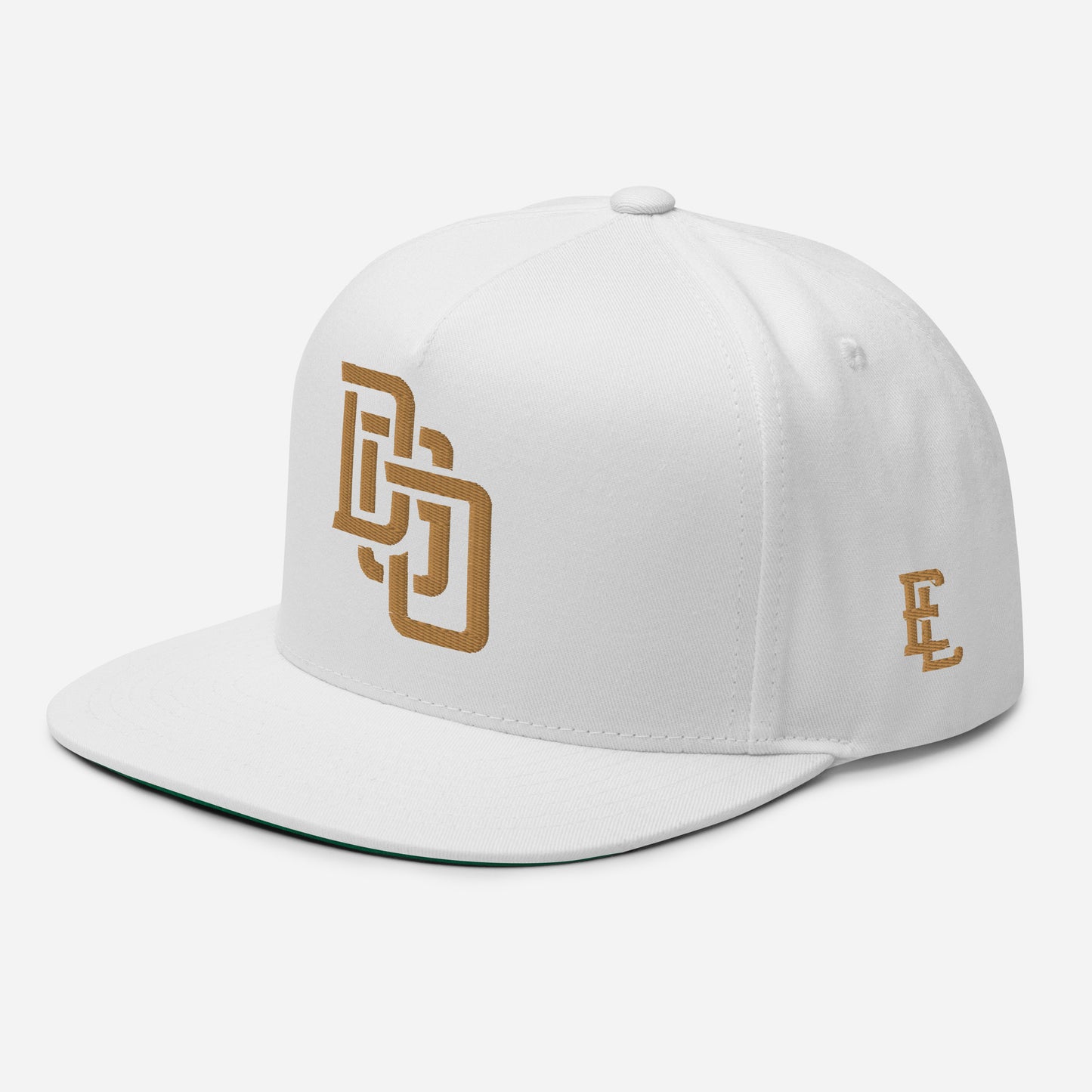 "DGO" Flat Bill Cap | Yupoong 6007 | E Luna Brand ESSENTIAL Duocrest 2 Old Gold Thread Logos: Front & Left