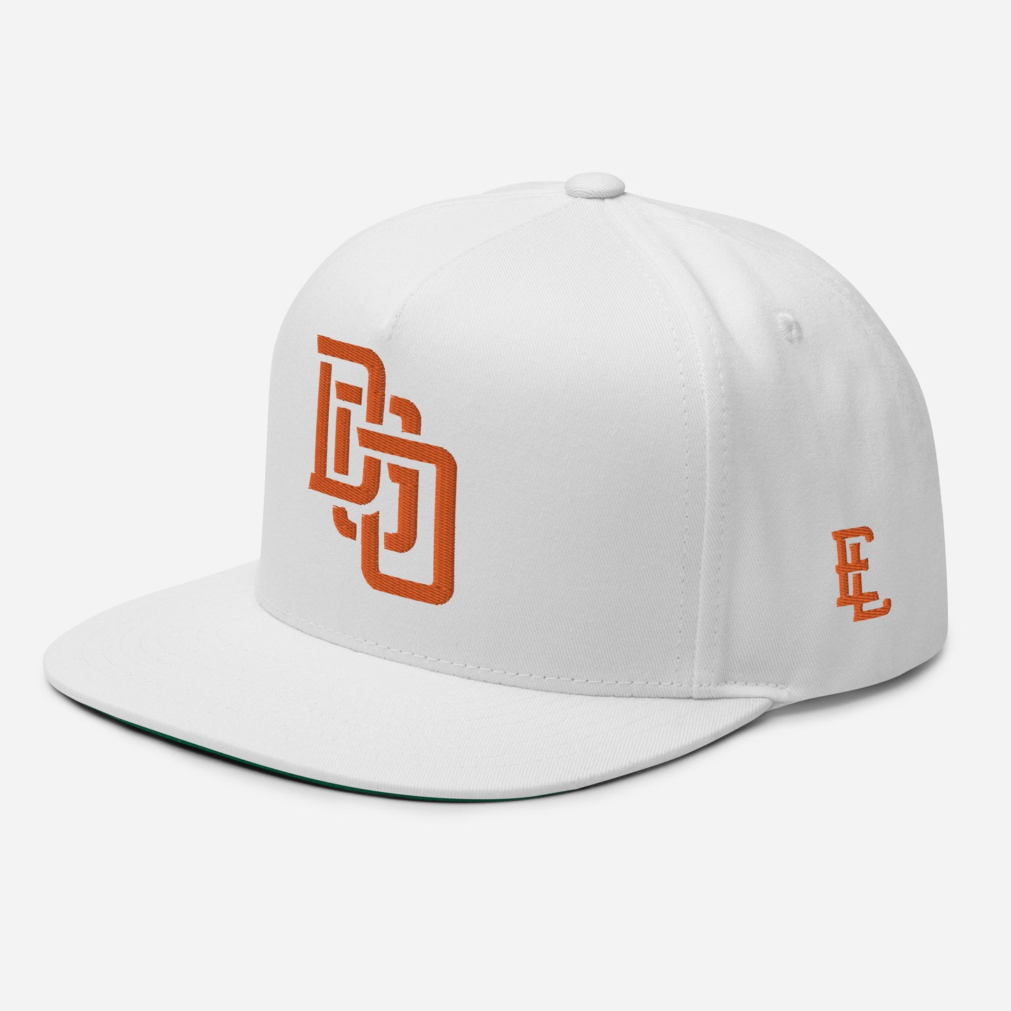 "DGO" Flat Bill Cap | Yupoong 6007 | E Luna Brand ESSENTIAL Duocrest 2 Orange Thread Logos: Front & Left