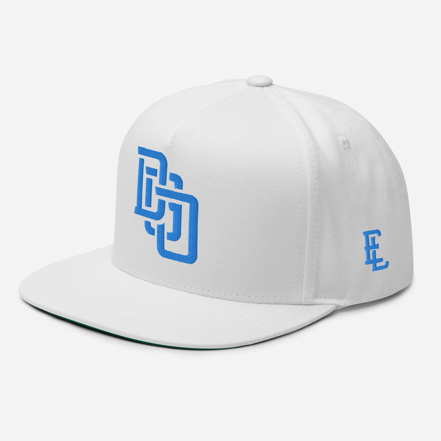 "DGO" Flat Bill Cap | Yupoong 6007 | E Luna Brand ESSENTIAL Duocrest 2 Aqua/Teal Thread Logos: Front & Left