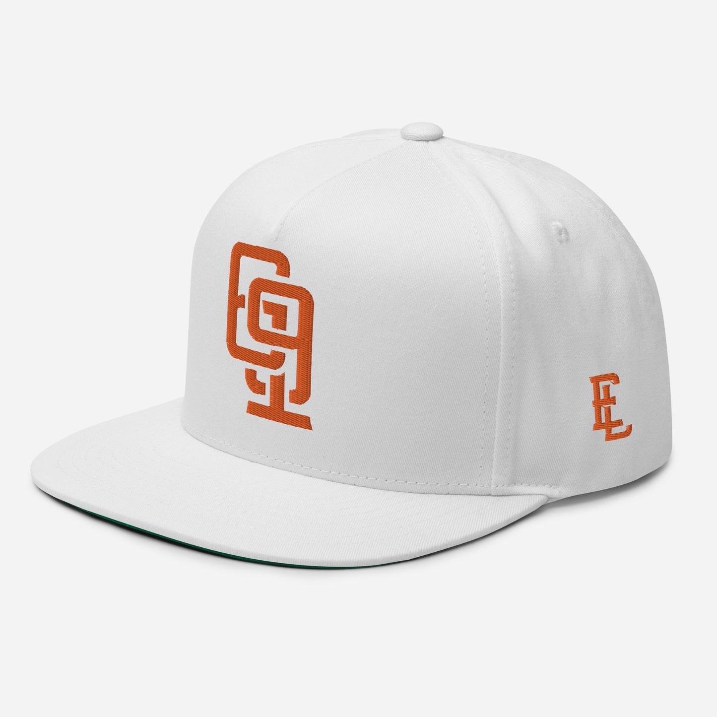 "619" Flat Bill Cap | Yupoong 6007 | E Luna Brand ESSENTIAL Duocrest 2 Orange Thread Logos: Front & Left