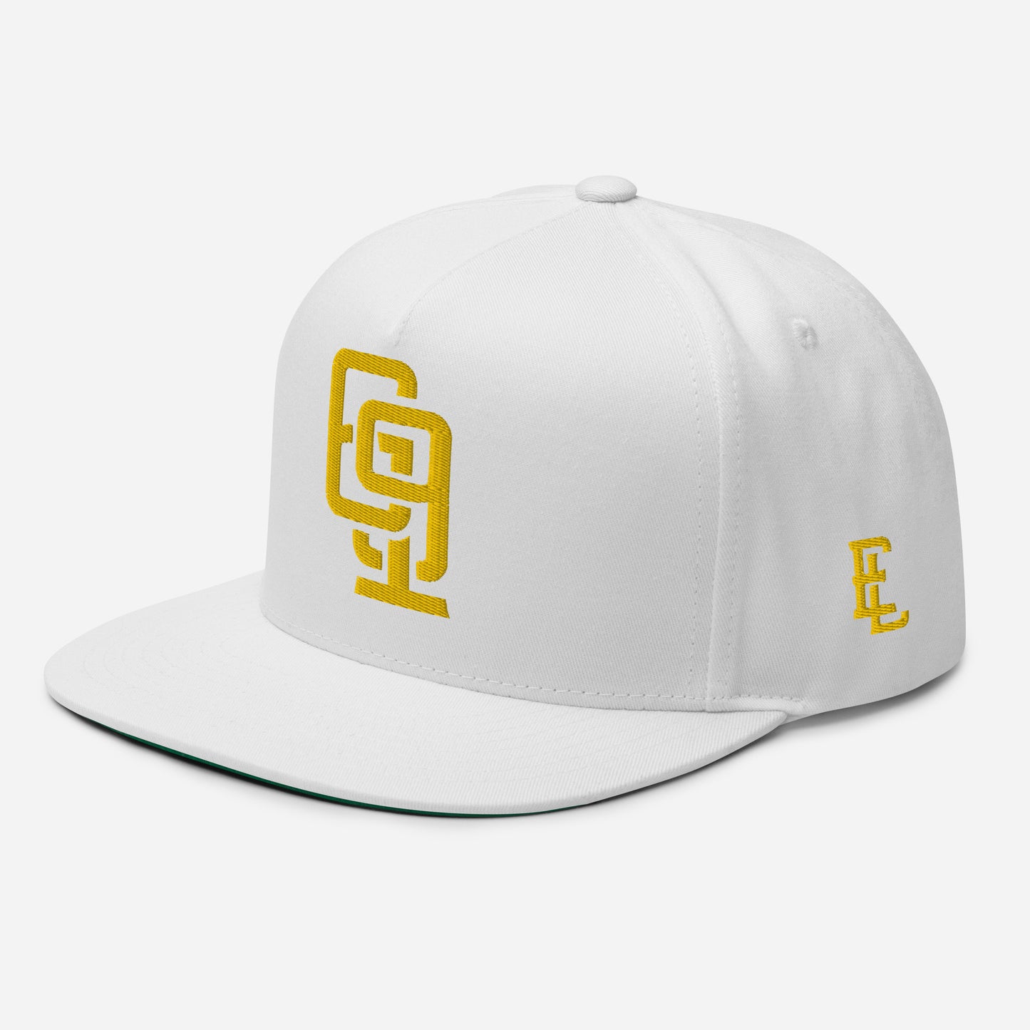 "619" Flat Bill Cap | Yupoong 6007 | E Luna Brand ESSENTIAL Duocrest 2 Gold Thread Logos: Front & Left